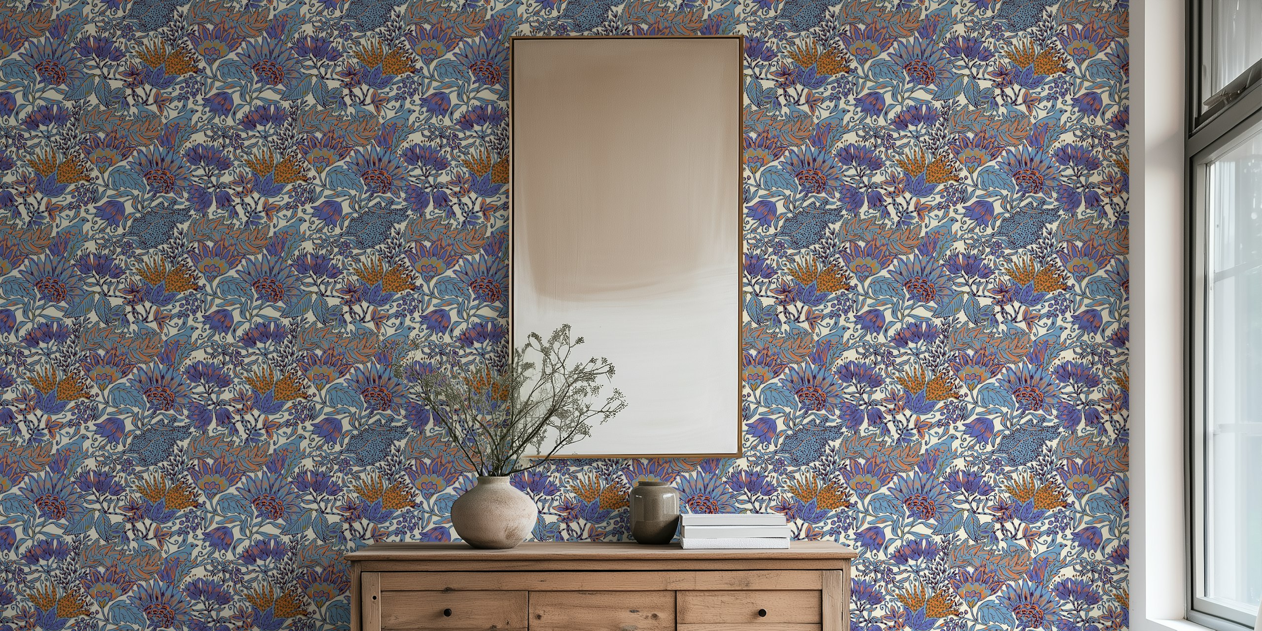 French Indian Floral Lilla vægmaleri med lavendel, violet, indigo blomster og grønt løv.