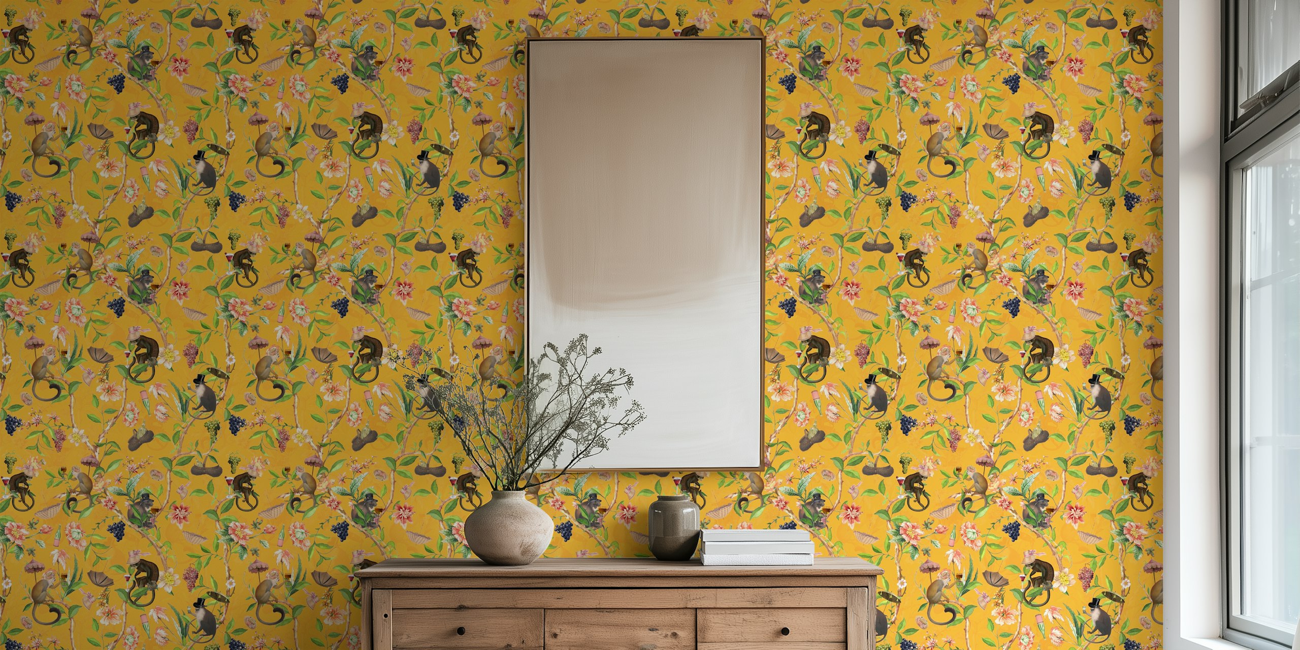 Mural de parede dourado vibrante com macacos brincalhões e folhagens inspiradas na chinoiserie