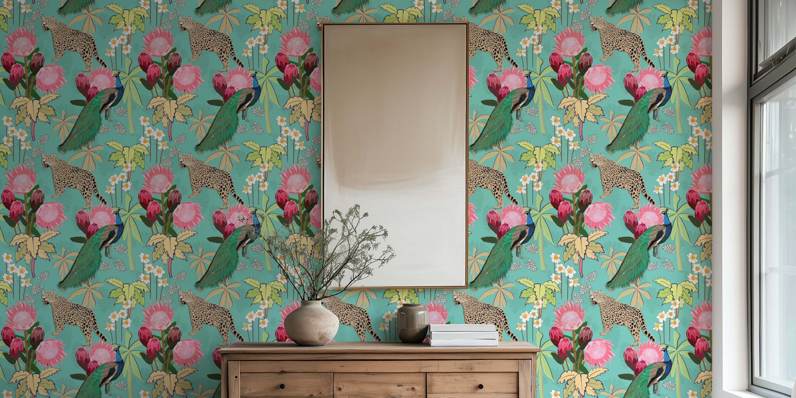 Artistic Tiger and peacock wall mural design