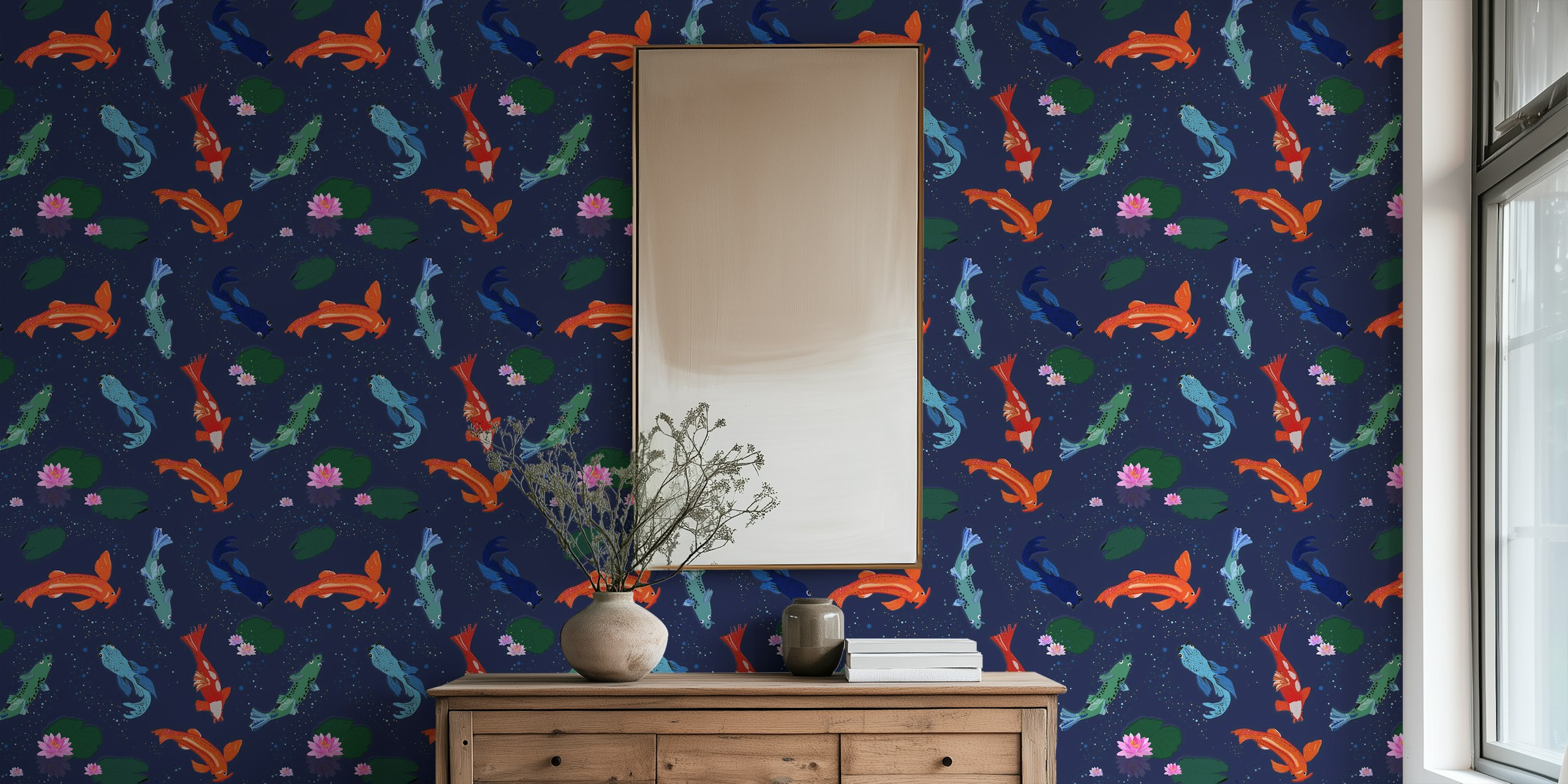Colorful koi fish and water lilies on dark blue wallpaper