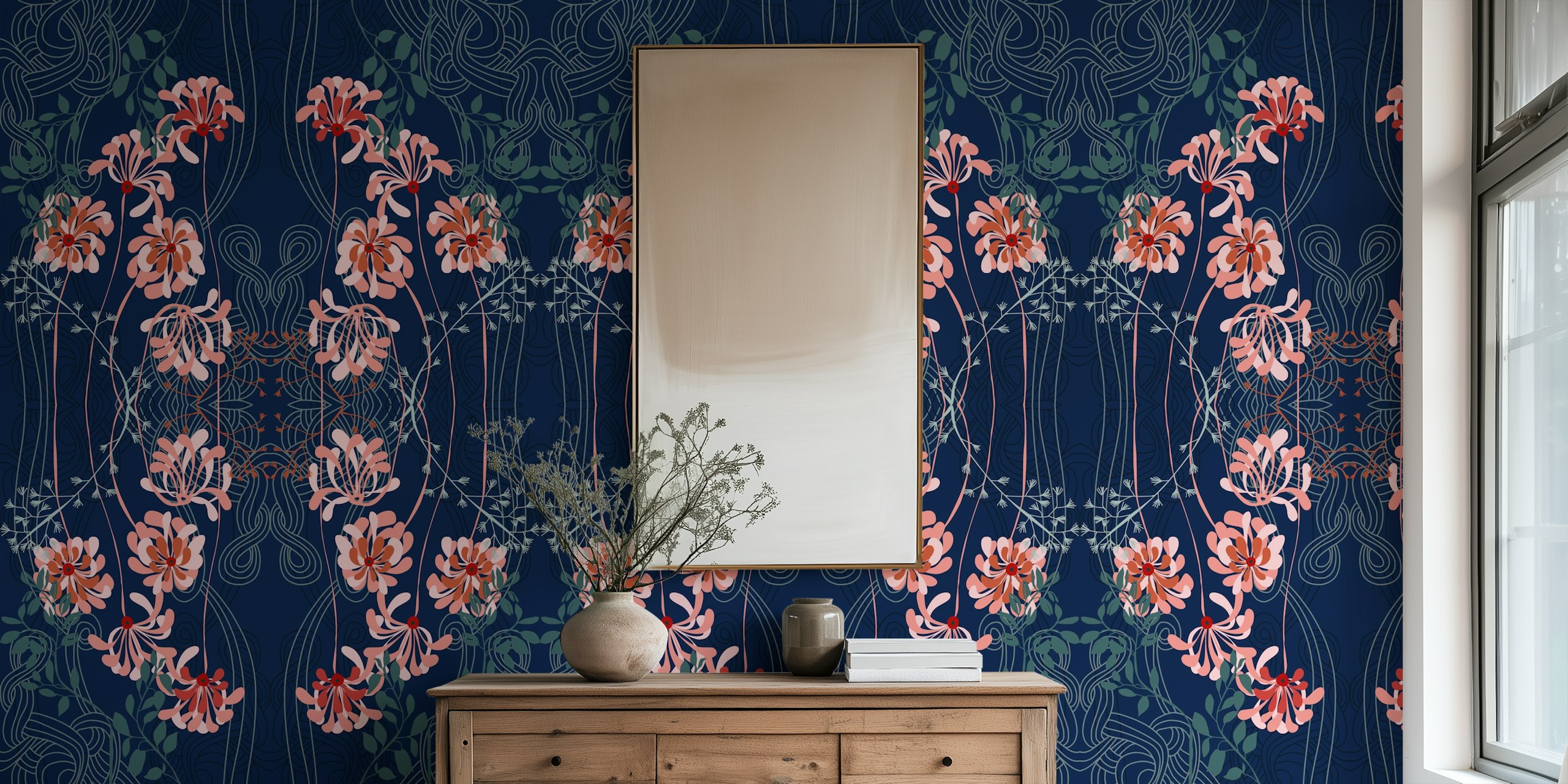 Fleurs roses et vertes sur fond bleu foncé, style Art Nouveau wallpaper