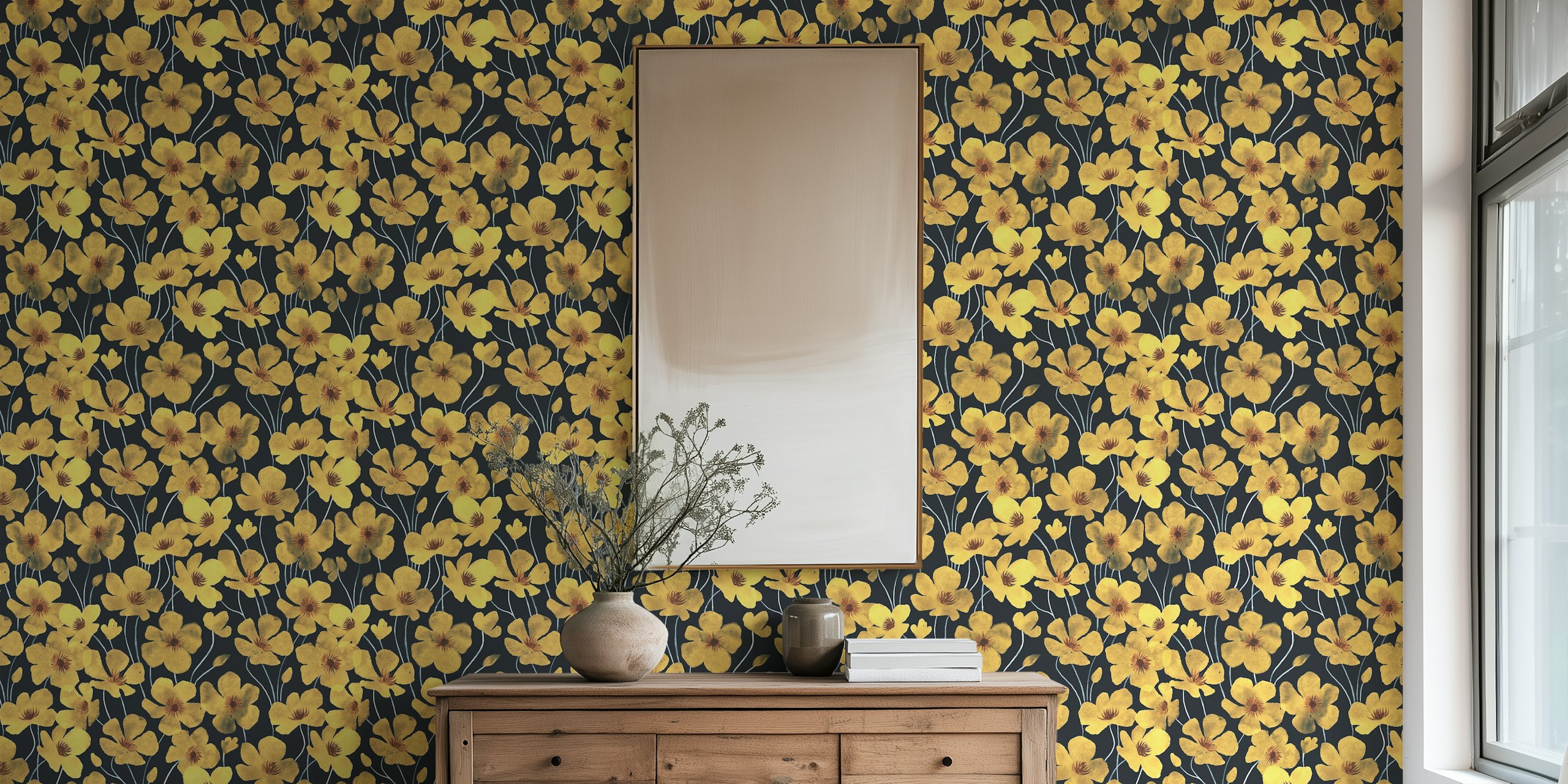 Yellow buttercup flowers on a dark background wallpaper