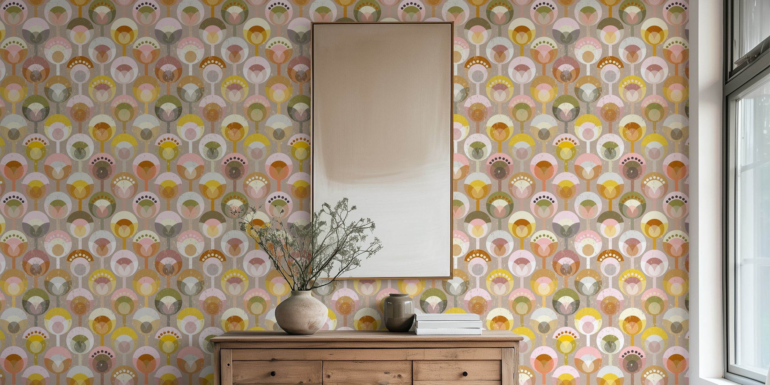 Geometric flowers wallpaper in a home setting
