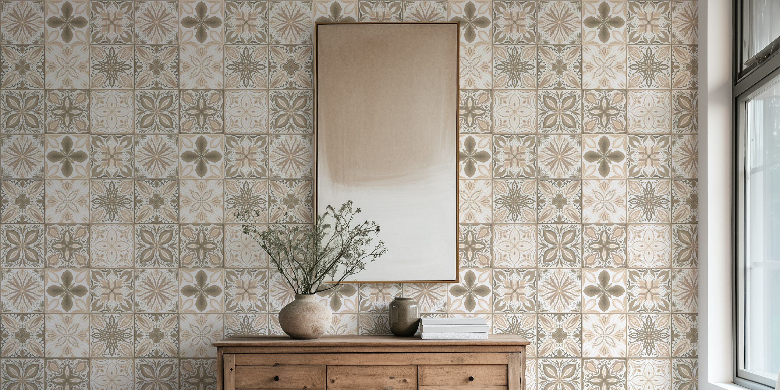 Ornate tiles in neutral browns wall mural