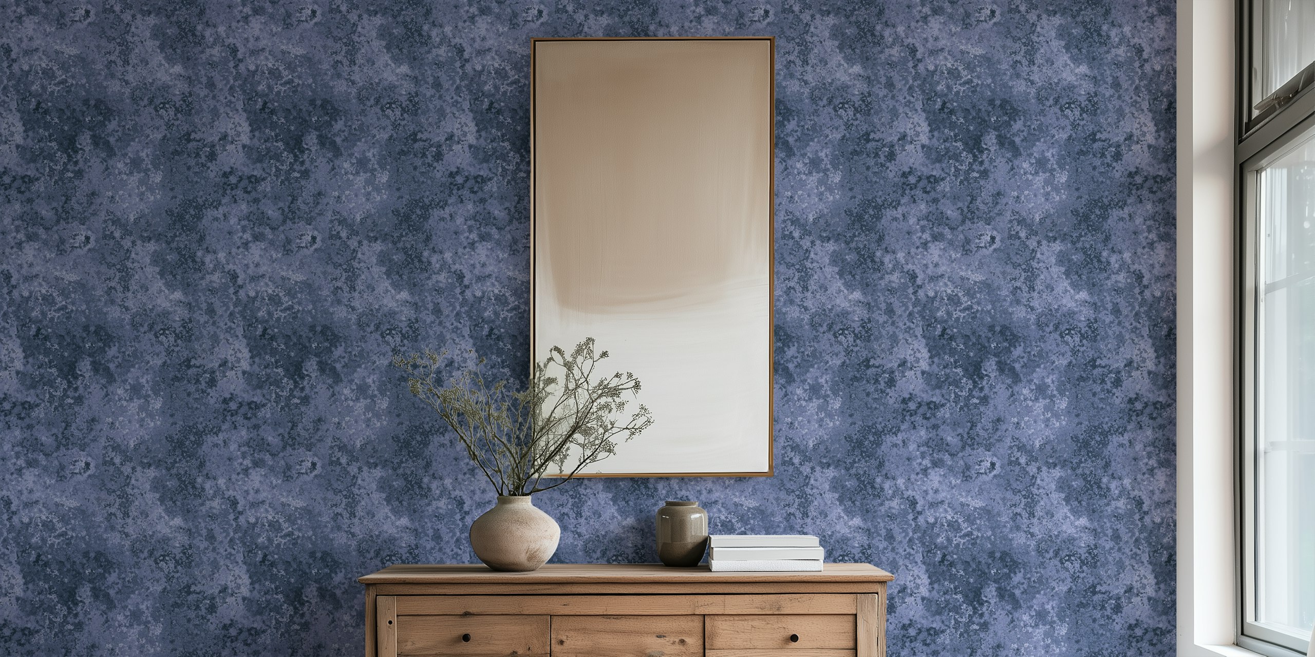 Subtle moss texture navy blue wallpaper in a room