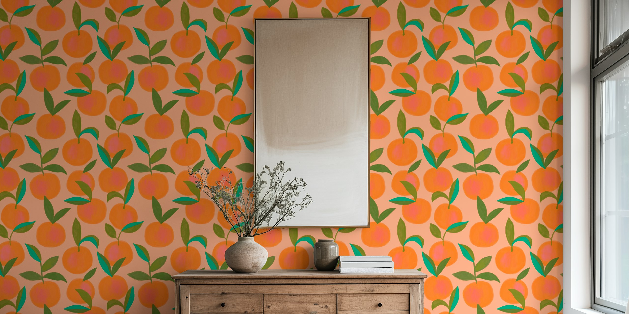 Orange citrus fruits with green leaves on soft peach background wallpaper
