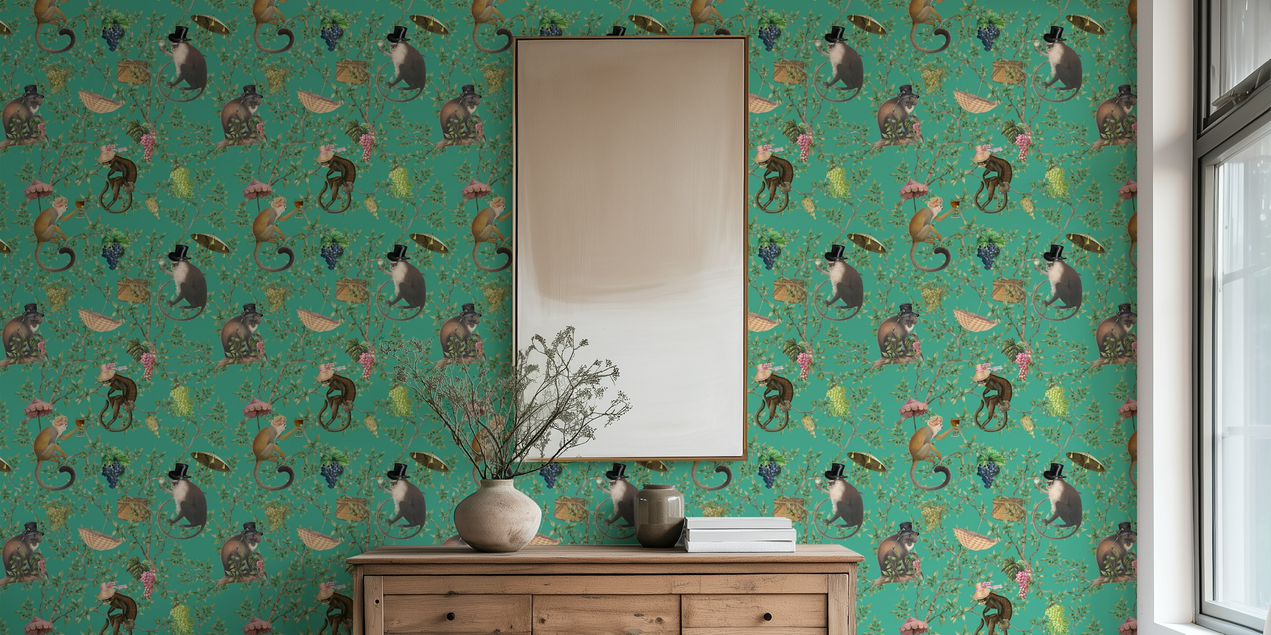 Chinoiserie monkey illustrations on green background wallpaper