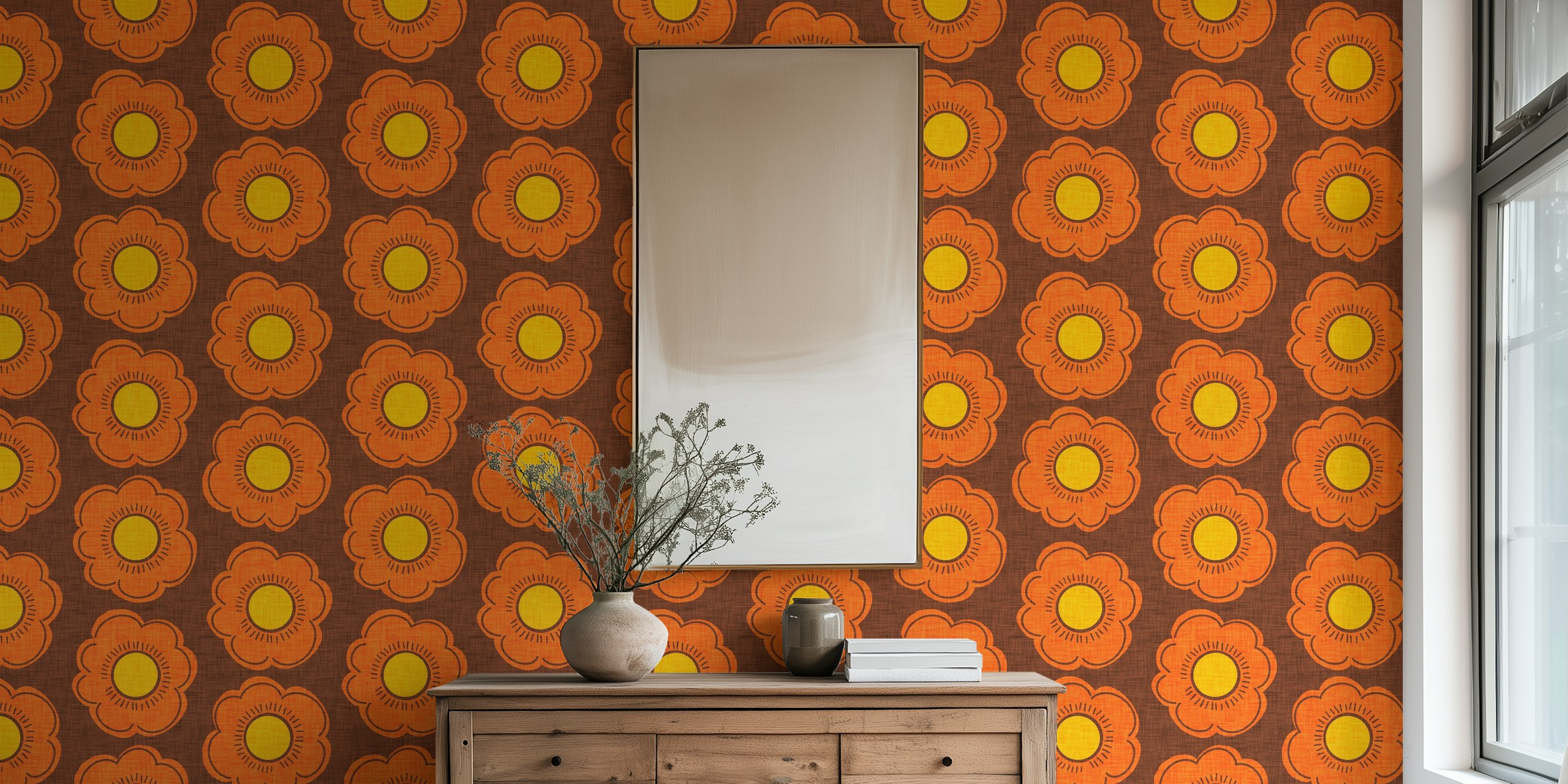 Ταπετσαρία 70s Flower Brown σε ρύθμιση δωματίου