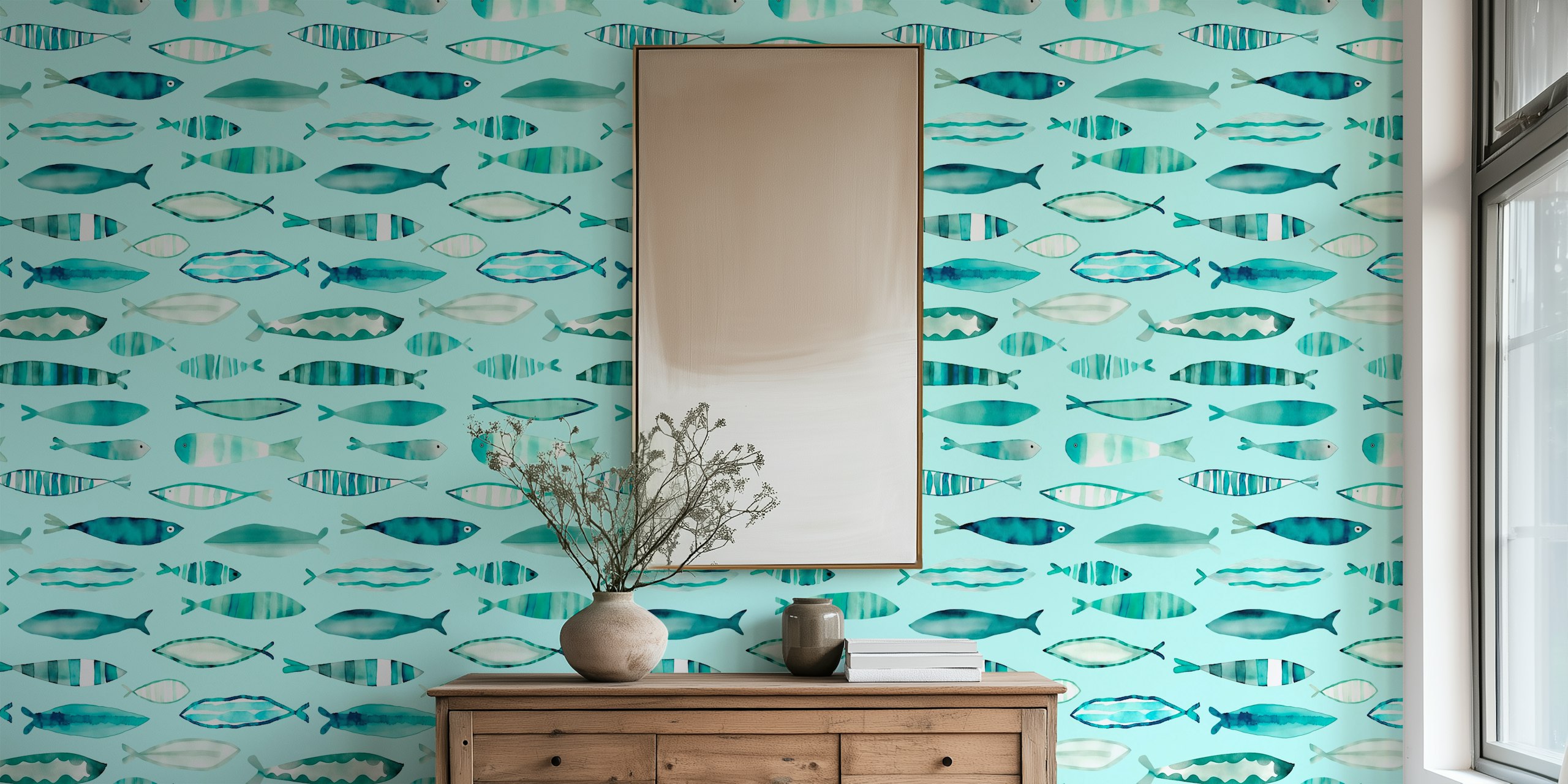 Teal and blue watercolor fish pattern wall mural