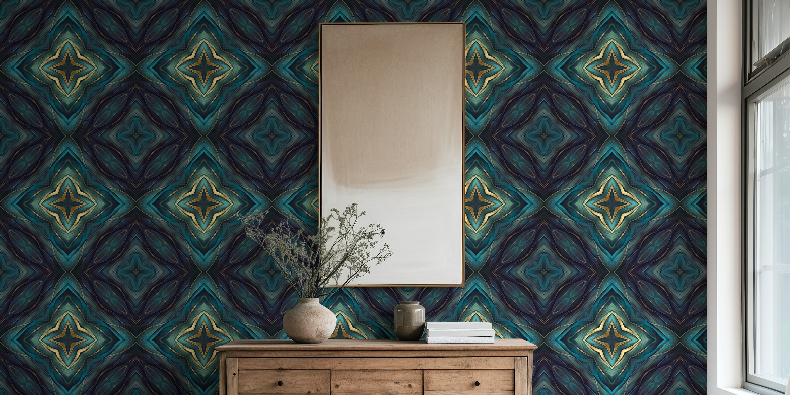Artisanal Mediterranean Tile Design in blue and gold hues wall mural