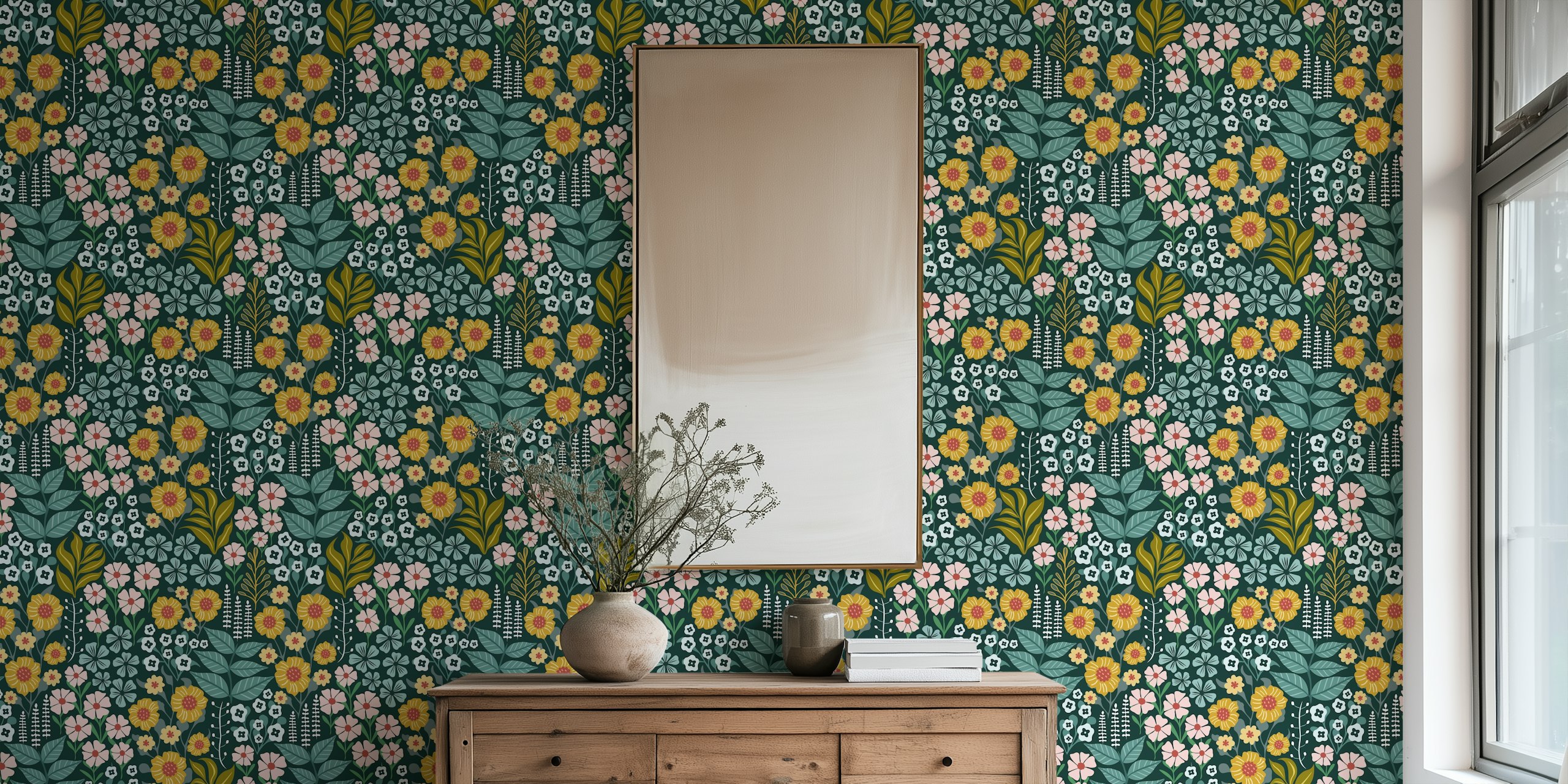 Midnight botanical floral garden dark green wallpaper