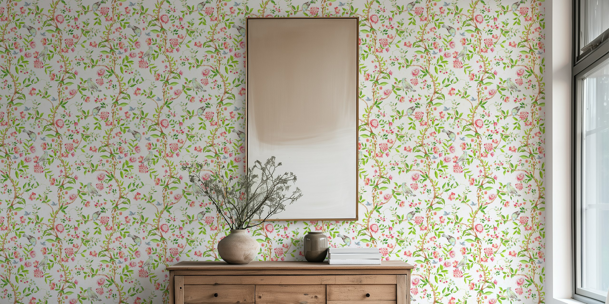 Pastel floral wallpaper with birds and pink flowers