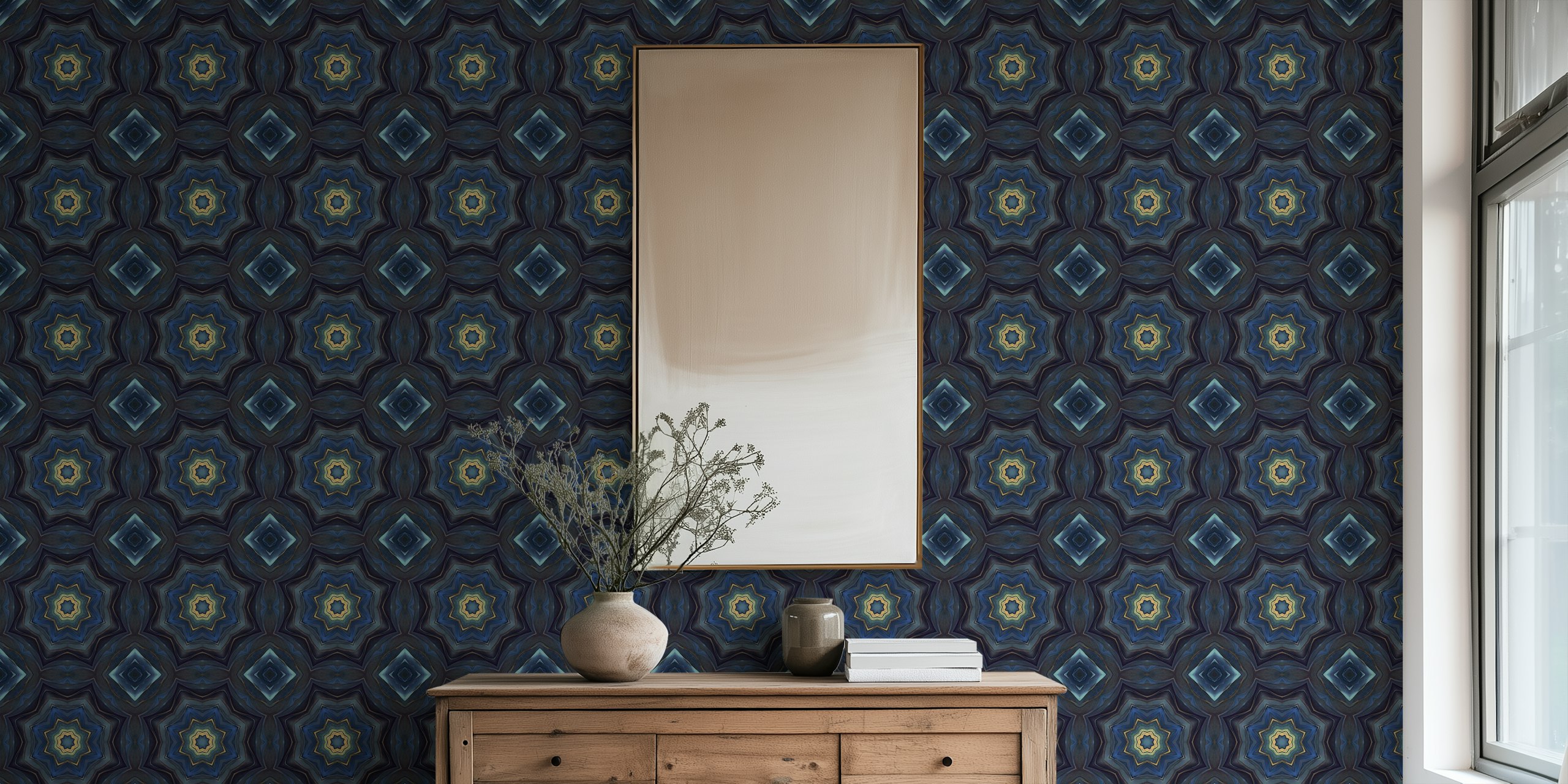 Artisanal Mediterranean Tile Blue Gold wall mural with intricate patterns