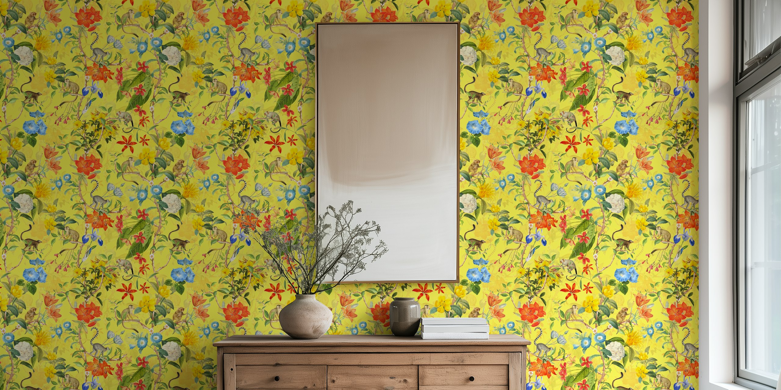 Mural de parede Monkeys Chinoiserie Jungle com fundo amarelo, flores exuberantes e macacos brincalhões