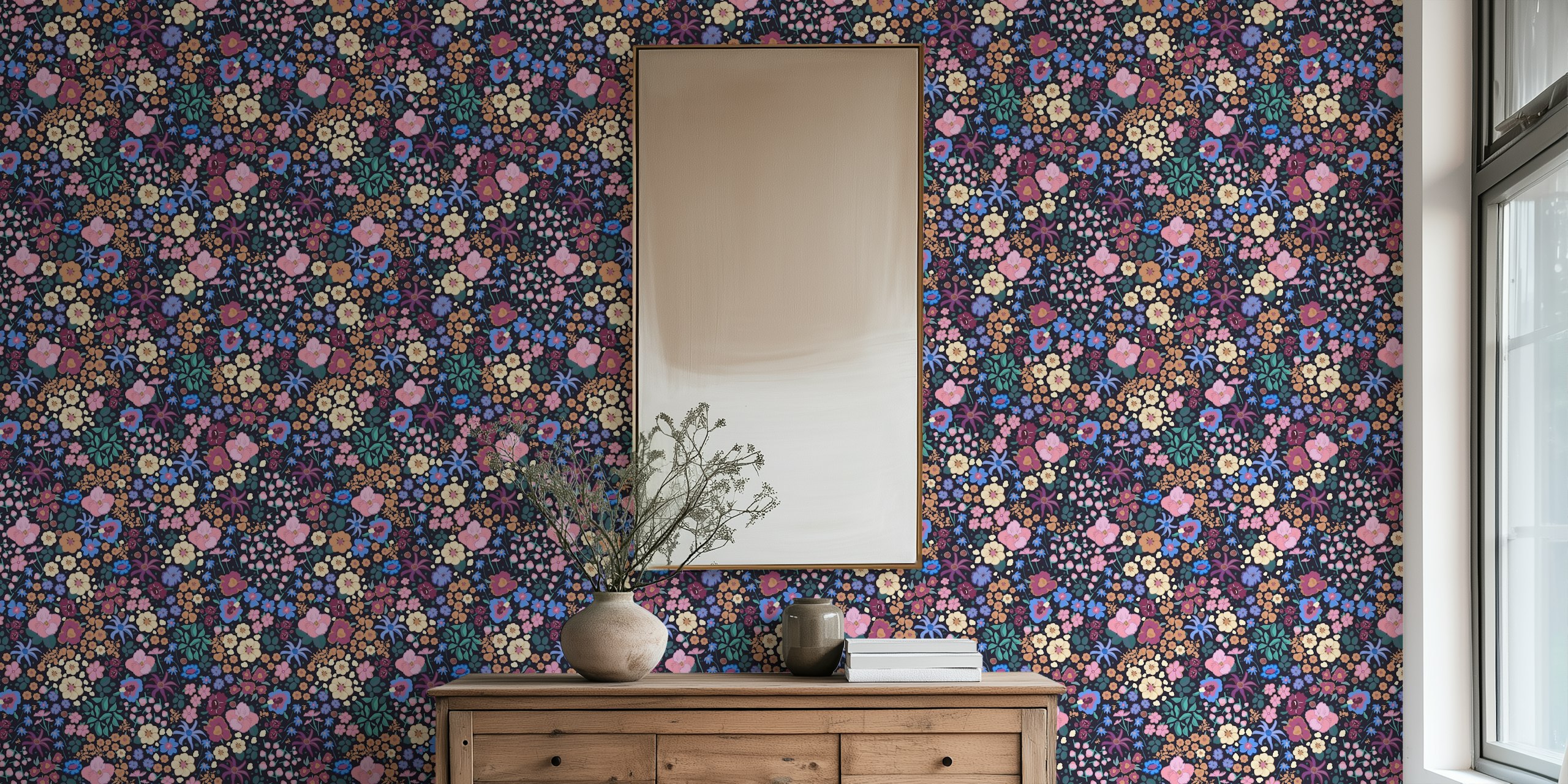 Ditsy colorful pink, purple, blue flowers pattern design