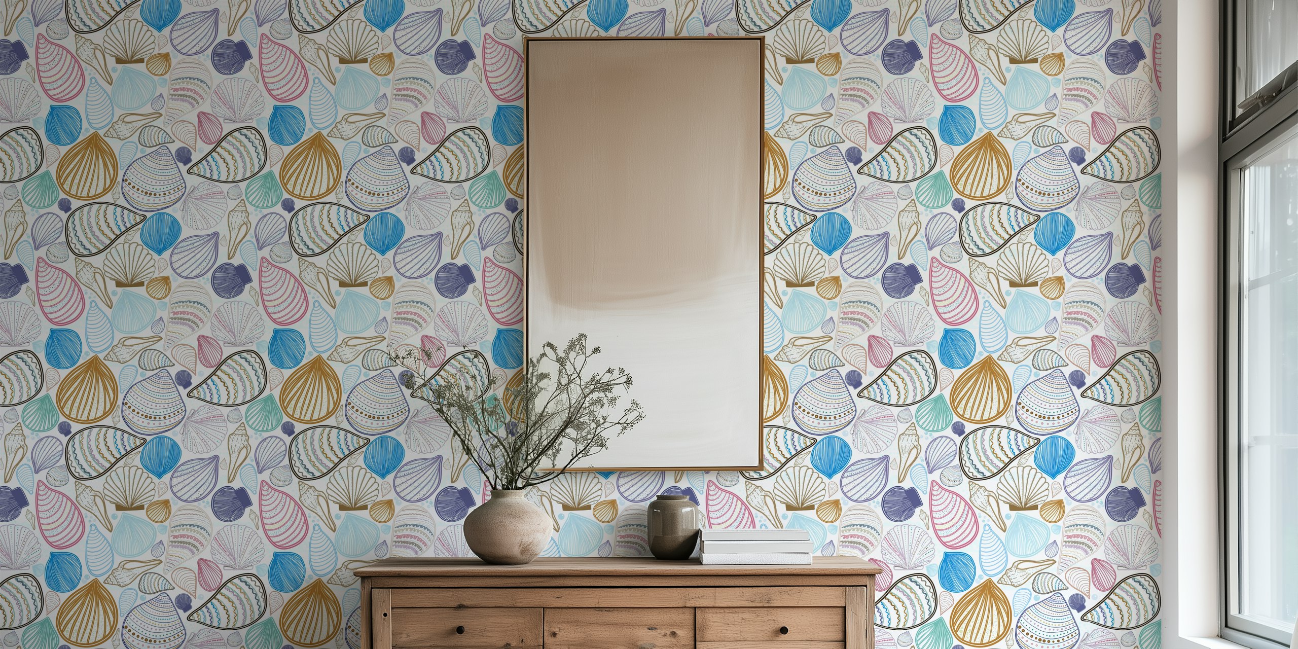 Colorful seashells in various shapes and patterns wallpaper