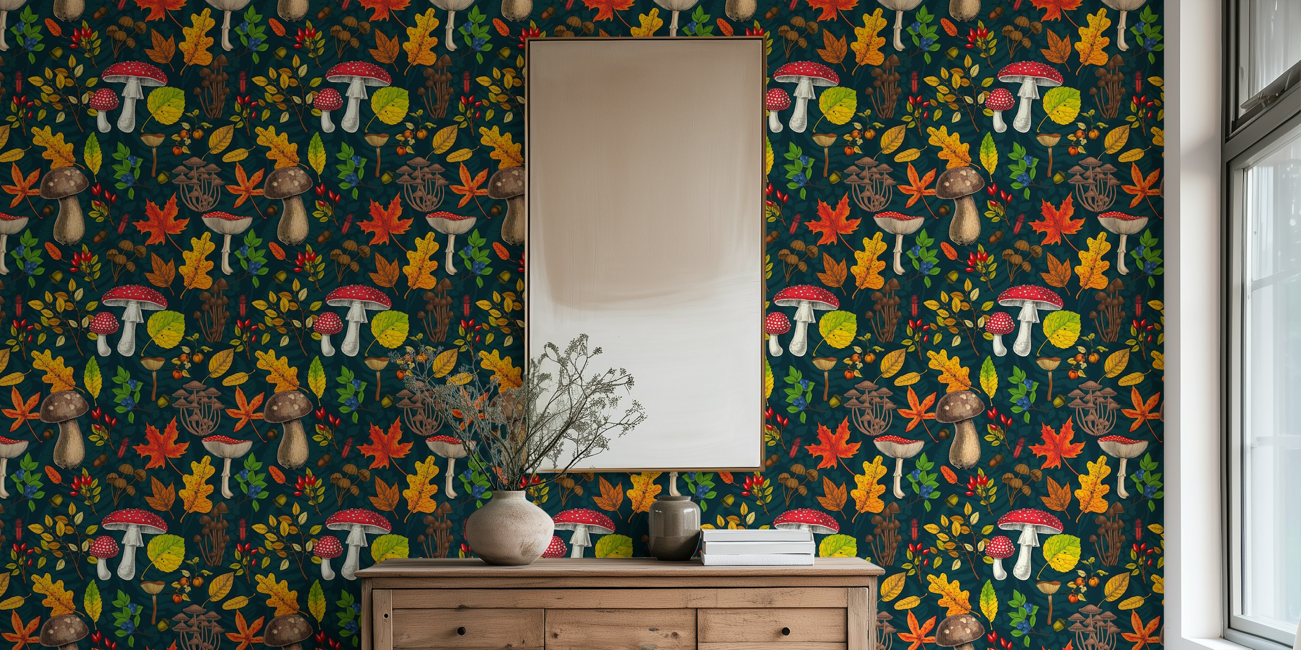 Autumn-inspired wall mural with mushrooms, leaves, nuts, and berries on a dark blue background