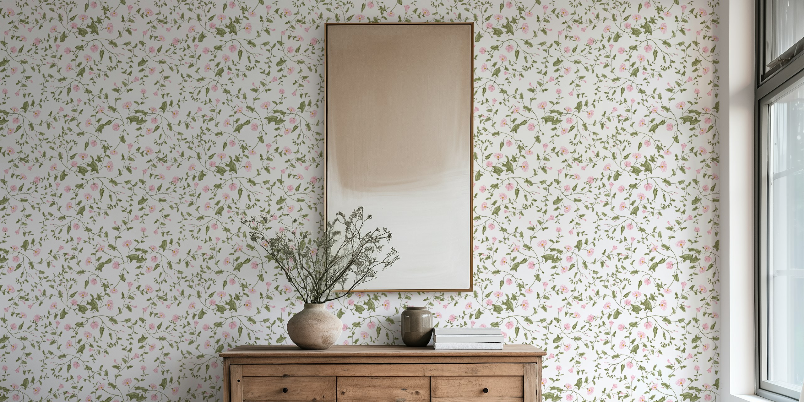 Elegant pink flowers and greenery tendril wall mural