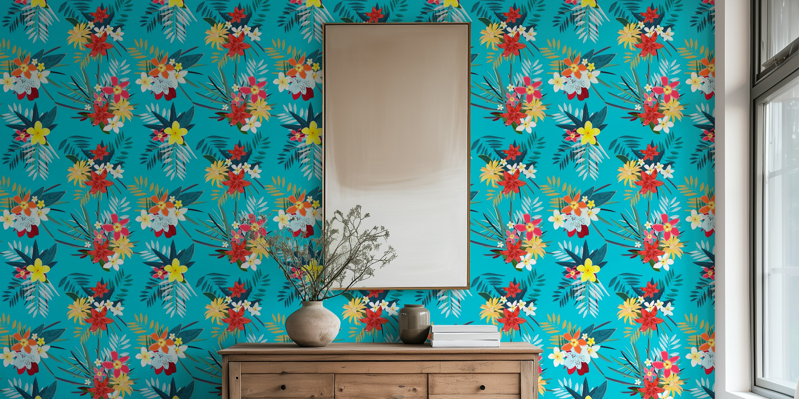 Papel de parede floral Frangipani e lily em um quarto