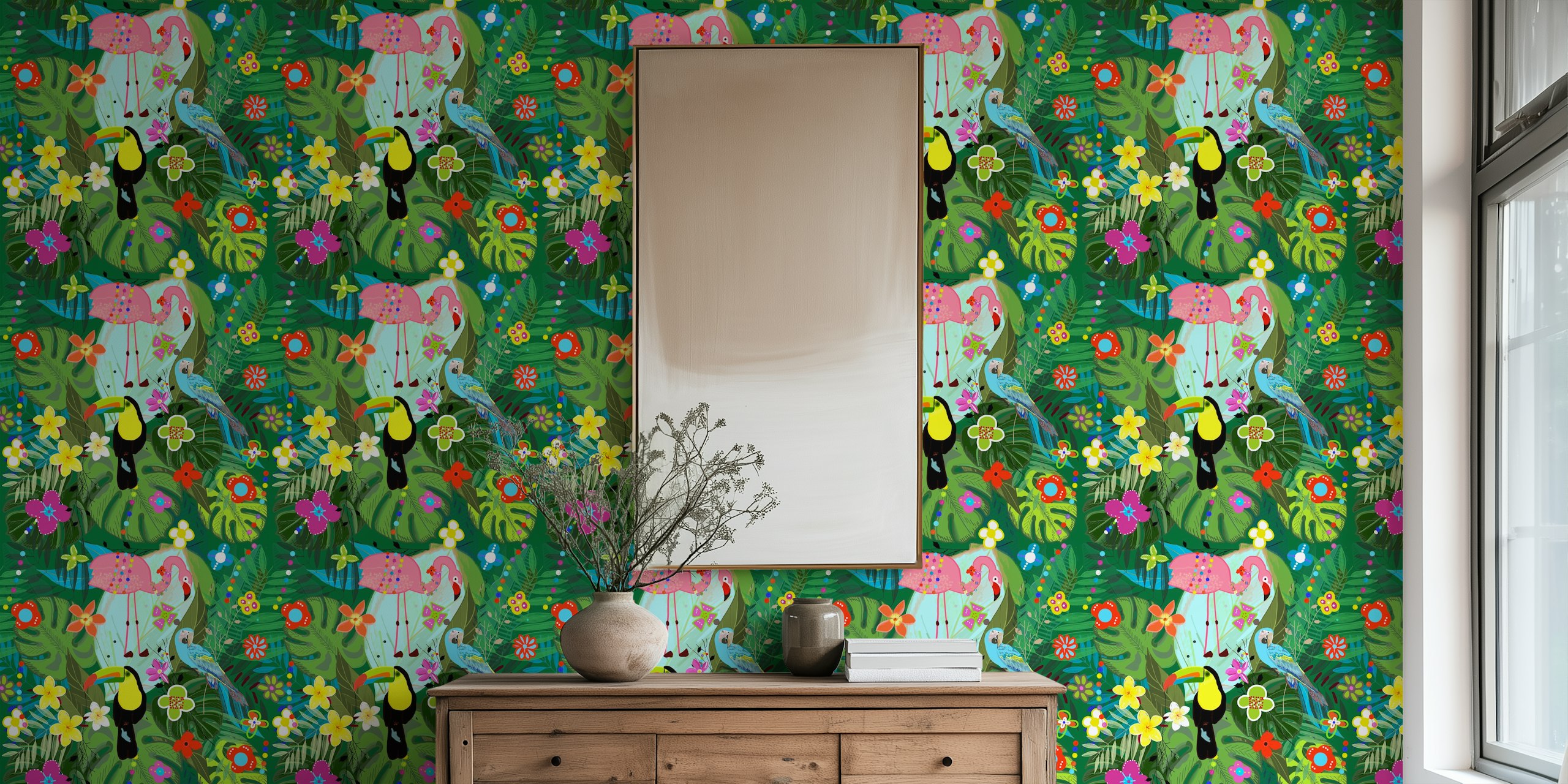 Fototapete mit farbenfrohen tropischen Blumen und Vögeln auf grünem Hintergrund