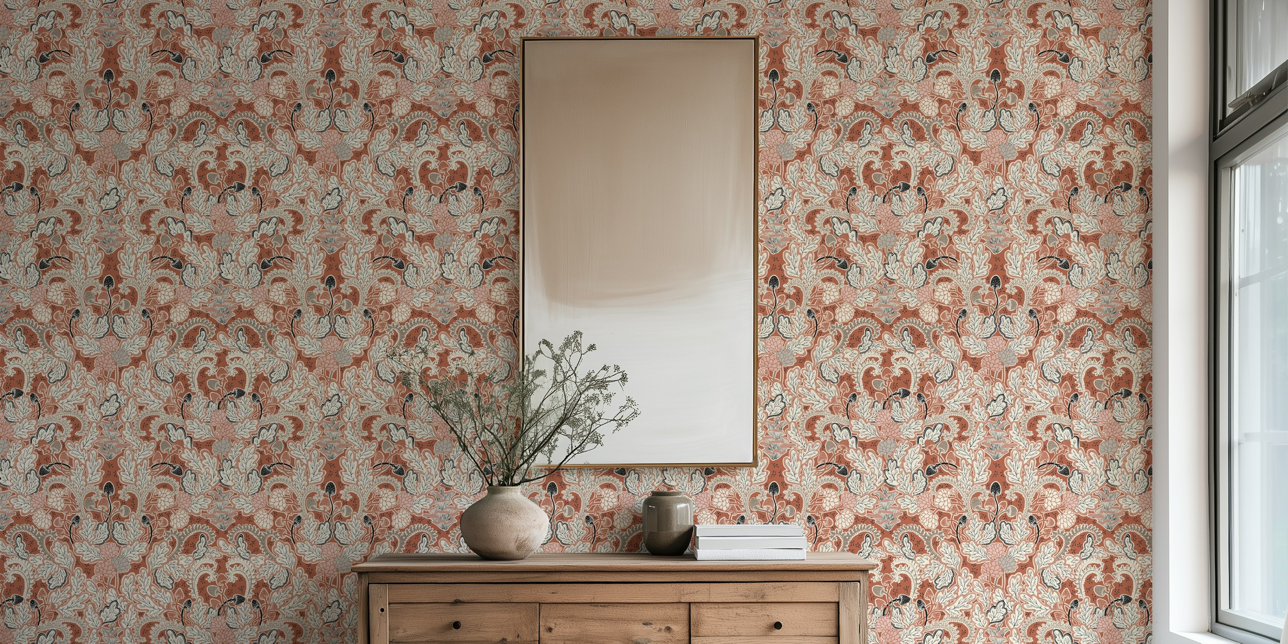Terracotta floral wallpaper with intricate leaves and flowers in tones of orange, black, and cream.