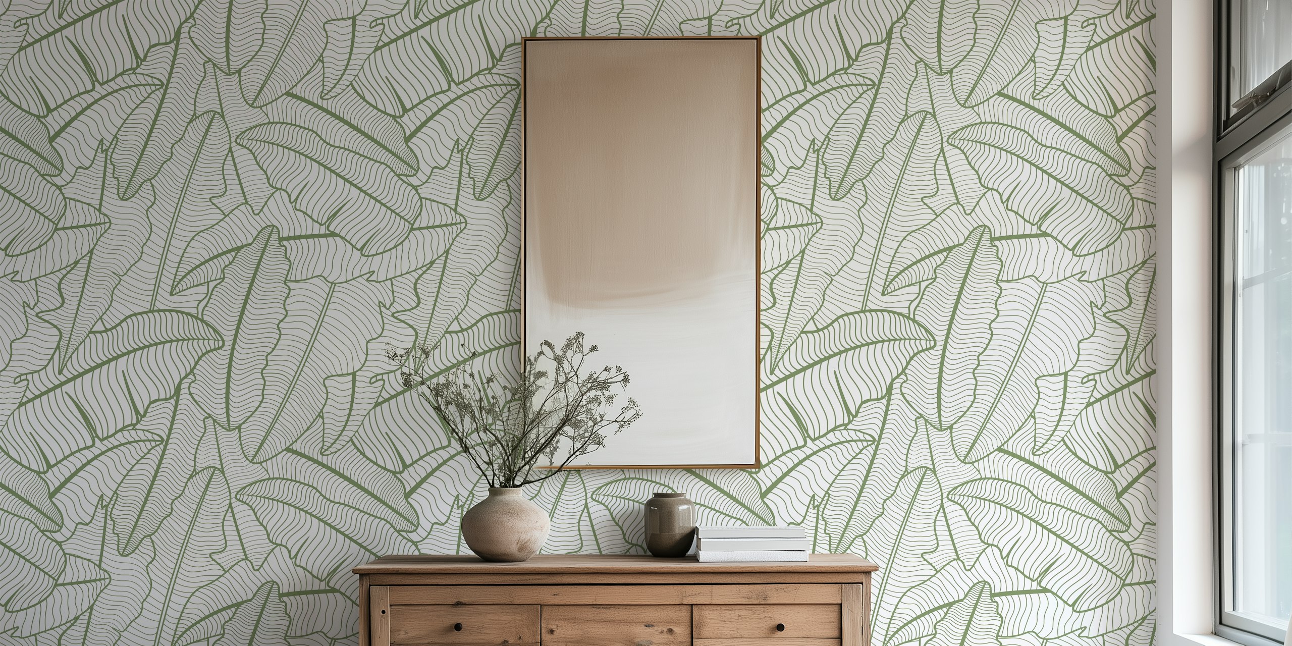 Sage Green Banana Leaves Line Art tapetti