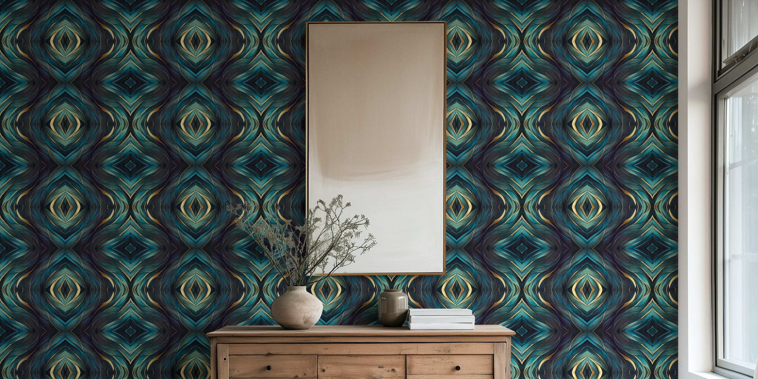 Artisanal Mediterranean Tile Design mural in teal blue and gold