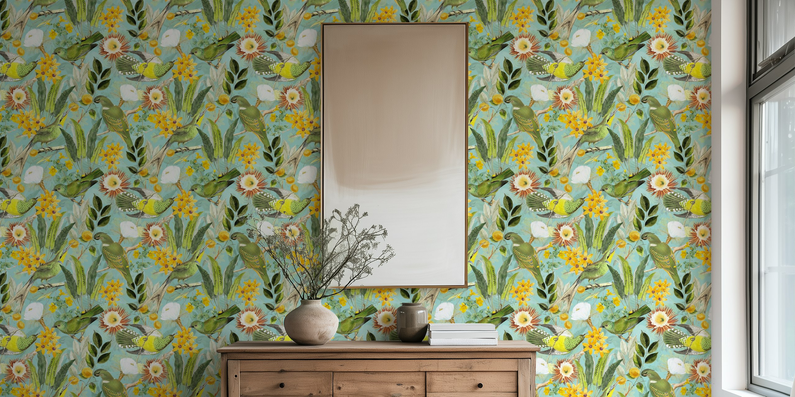Tropical birds and flowers in green, yellow, and blue wallpaper