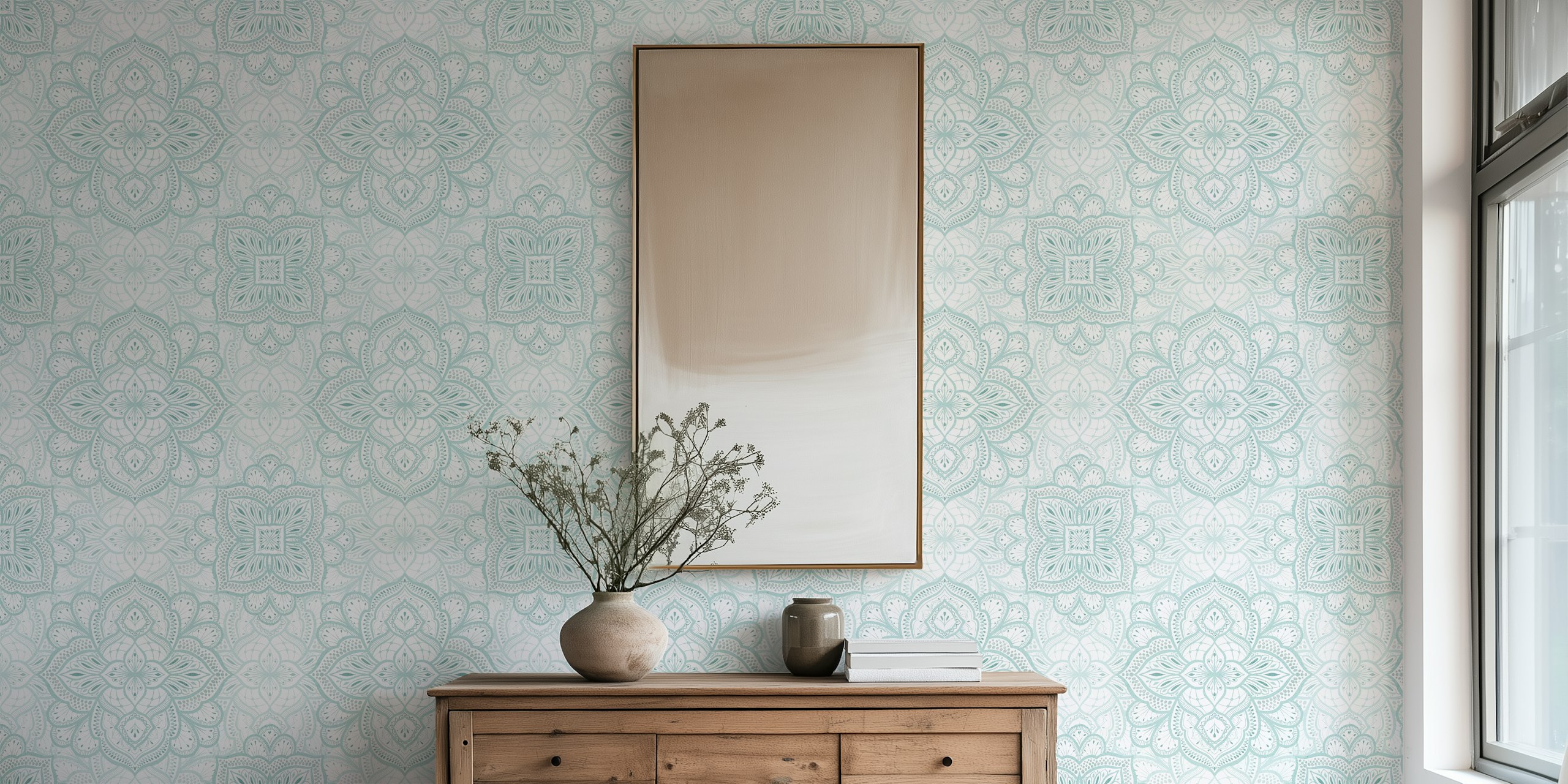 Blue and white intricate mandala design wallpaper