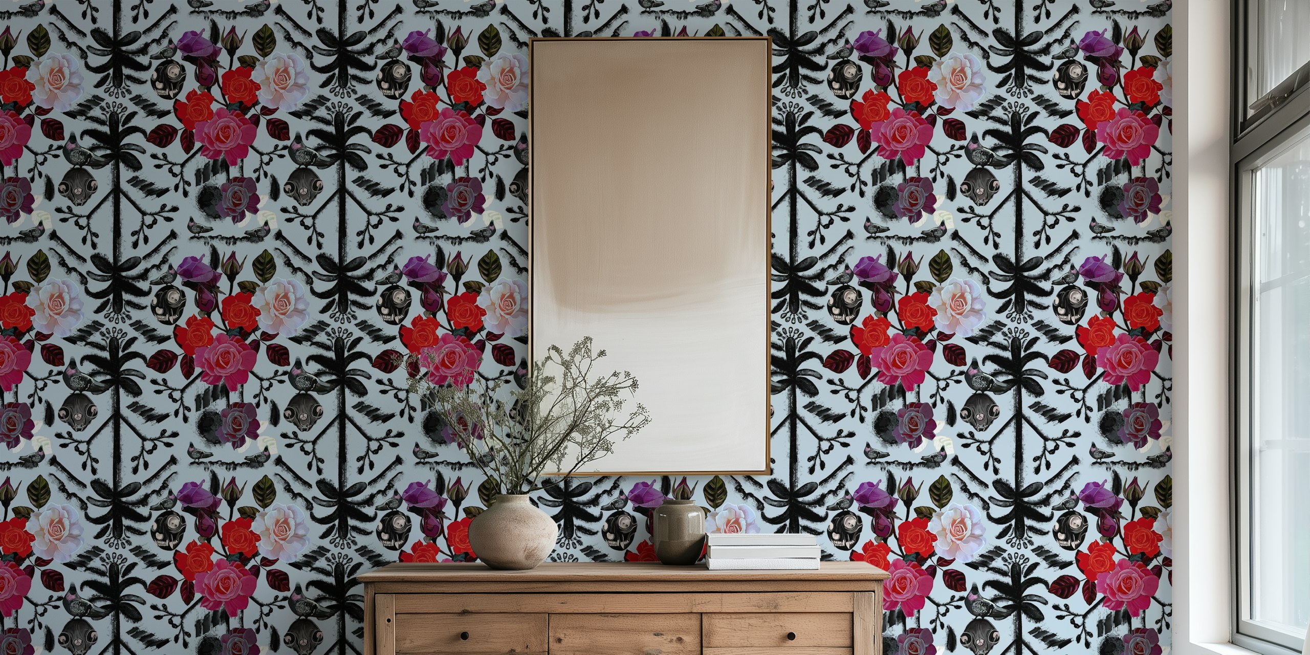 Gothic floral pattern wall mural with roses and dark motifs