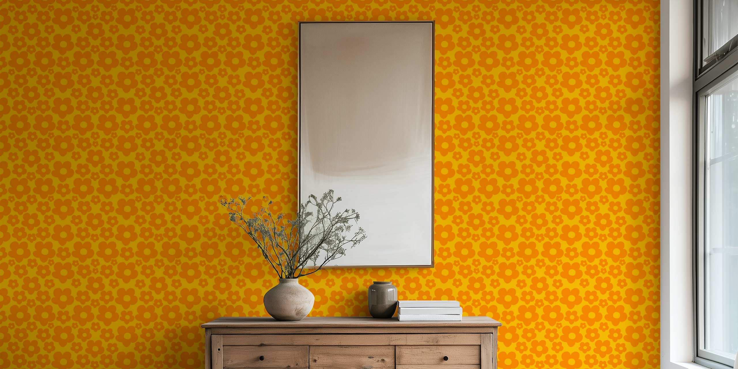 Retro floral pattern in orange and yellow wallpaper