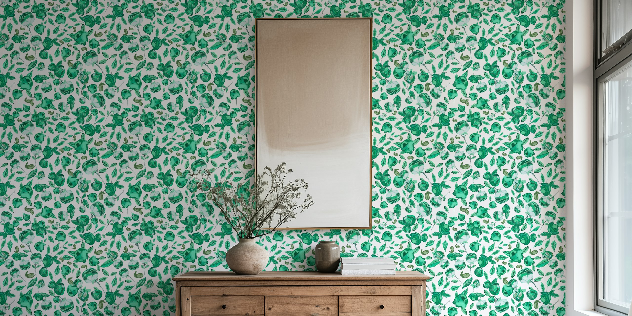 Heirloom florals green pattern tapeta w pokoju