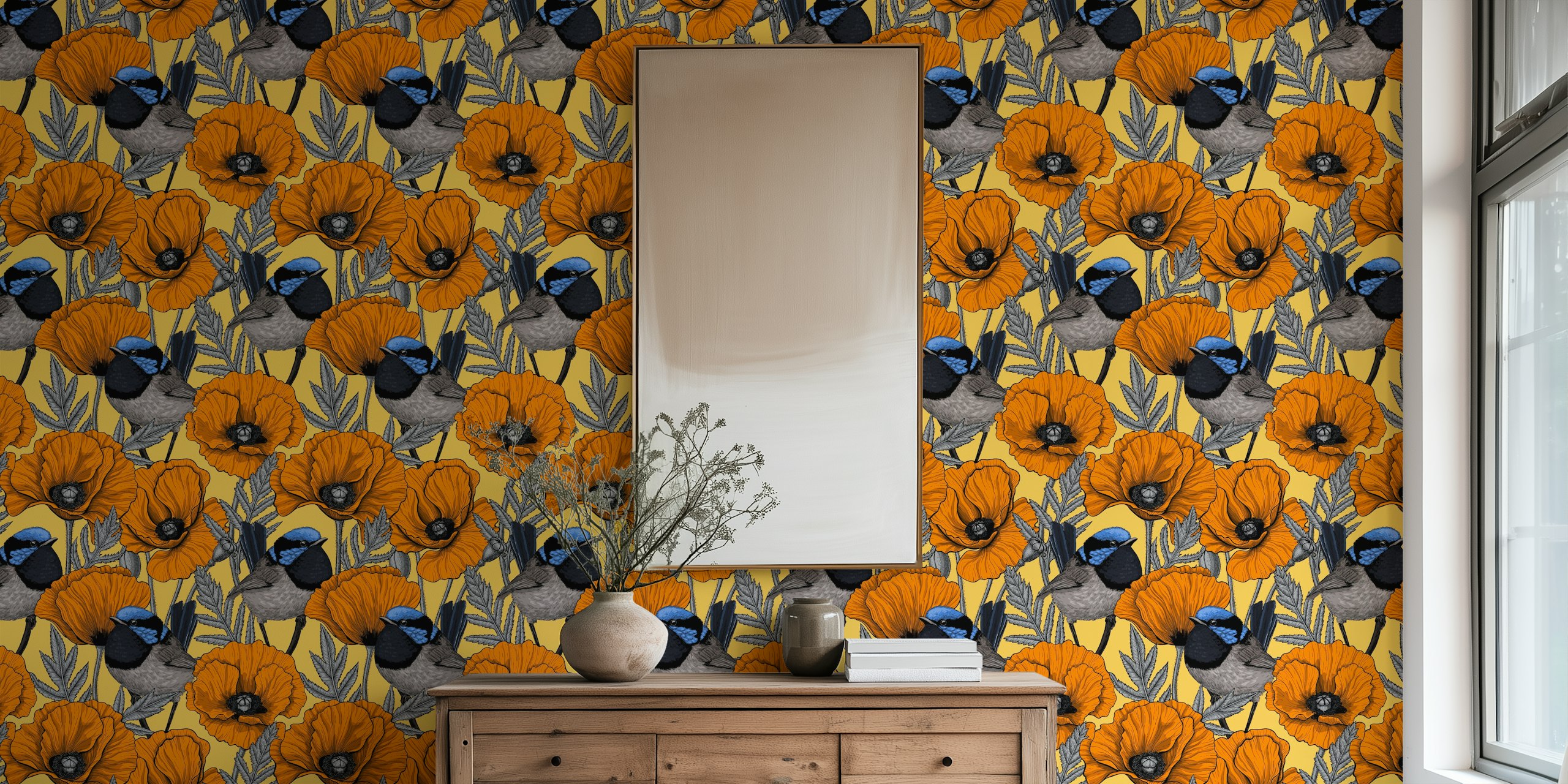 Orange poppies and fairy wrens on pastel yellow wallpaper