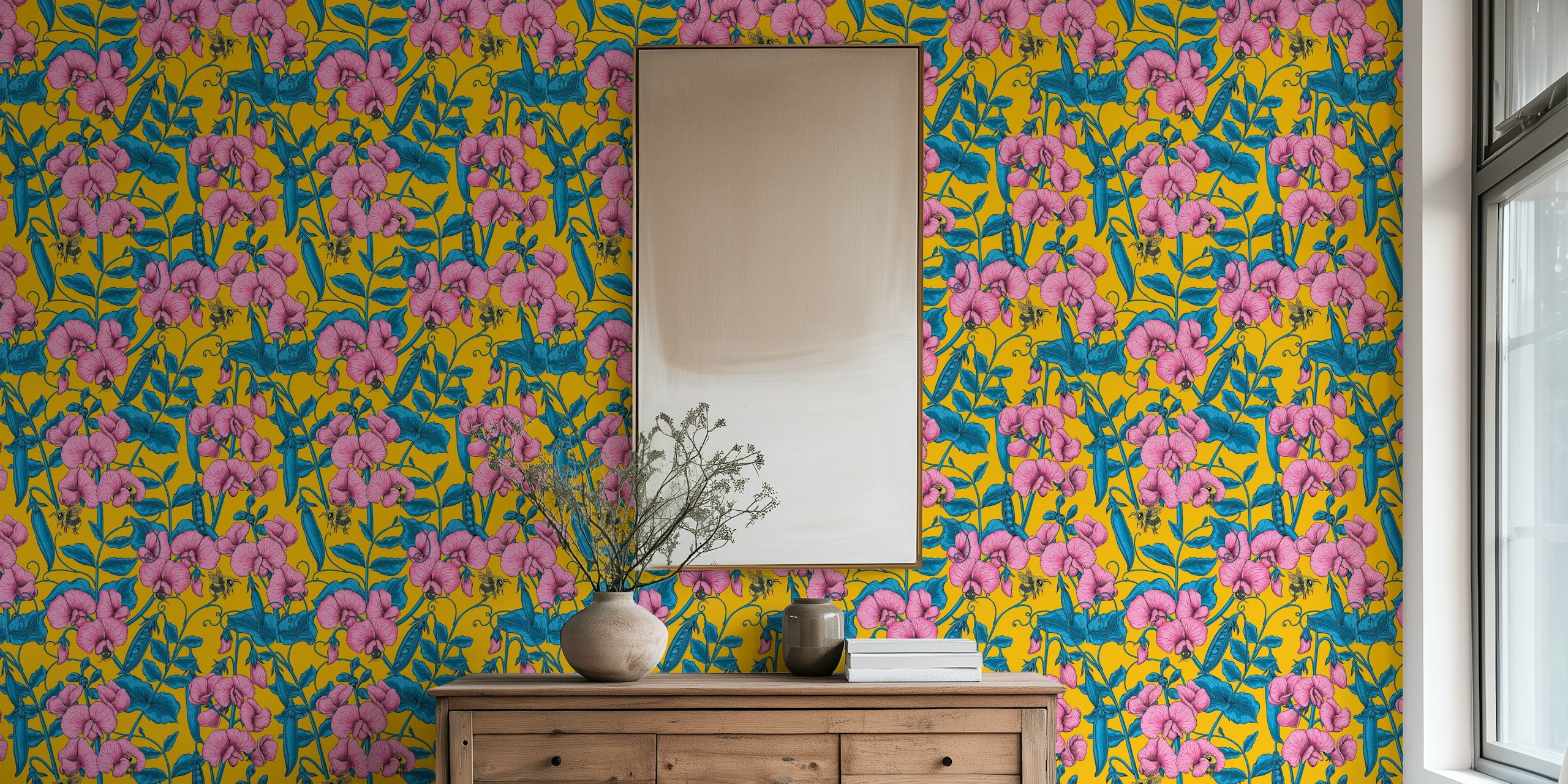 Sweet peas and bumblebees design della carta da parati