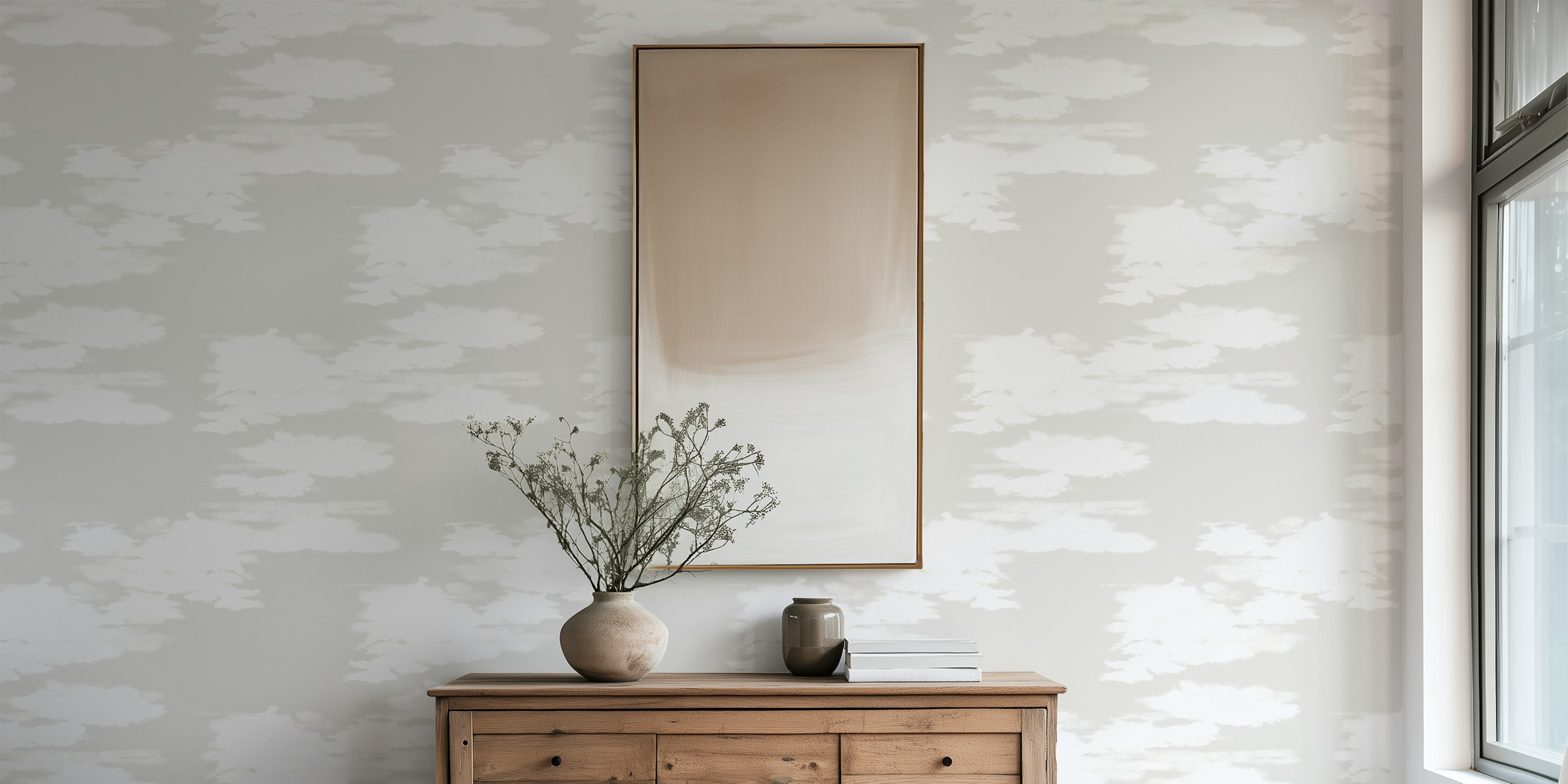 Painterly Sky Beige White wallpaper in a room
