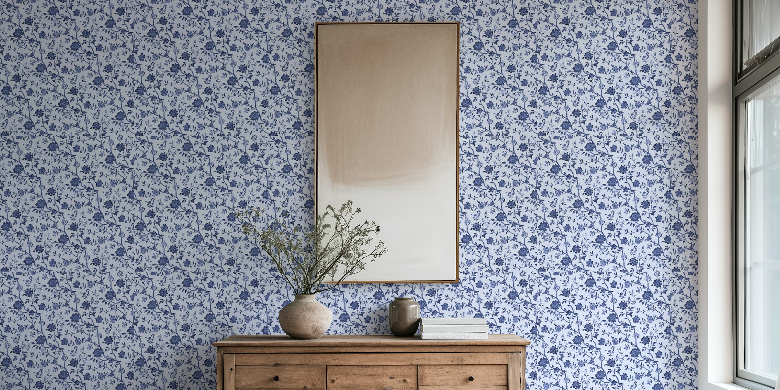Vintage floral wallpaper in blue color