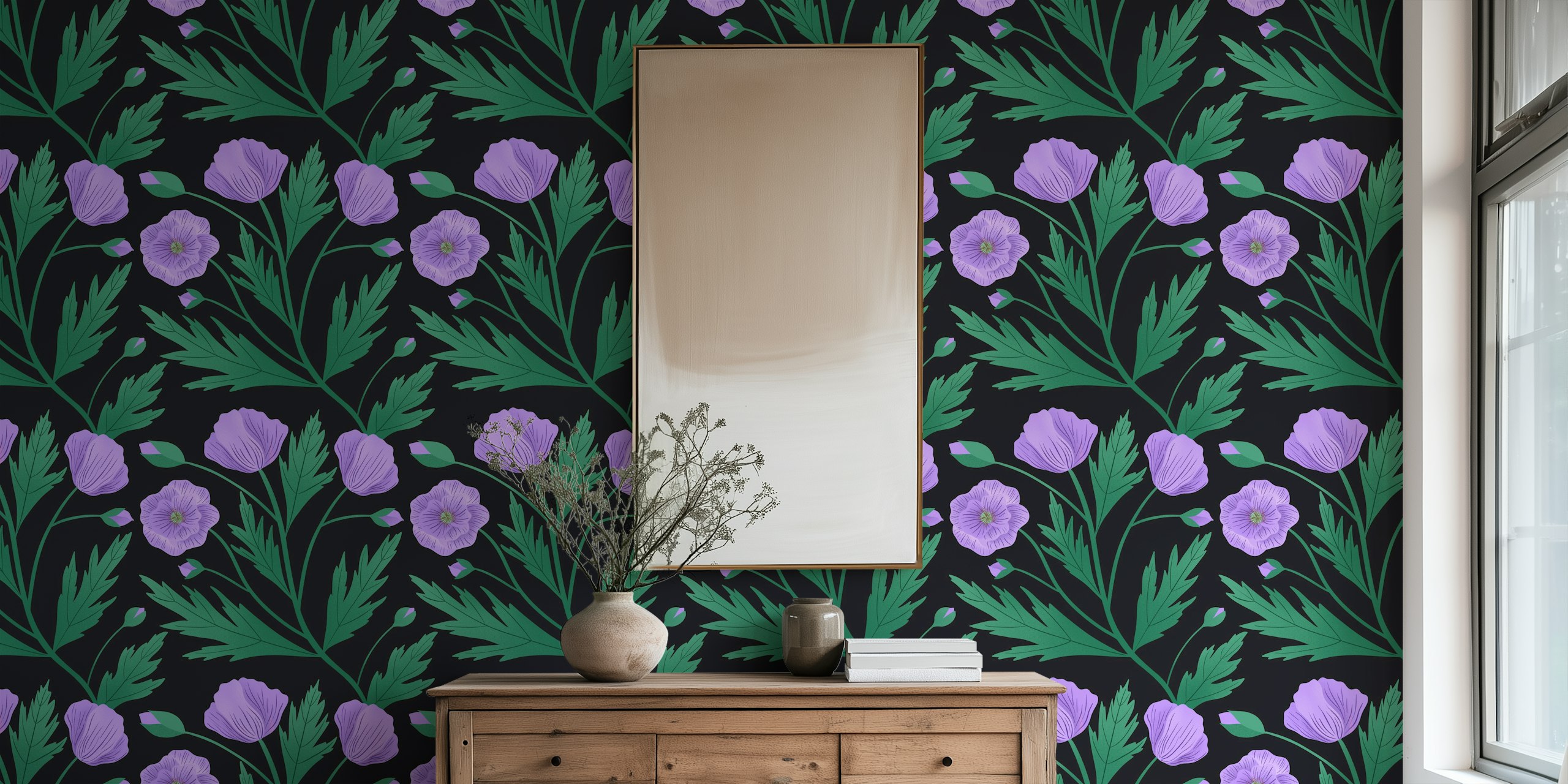 Purple poppies and green leaves on black wallpaper