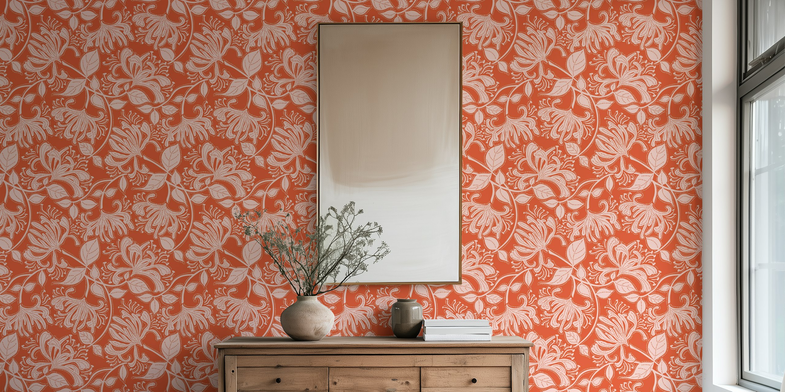 Honeysuckle stencil flowers in pink salt on a koi orange background wall mural