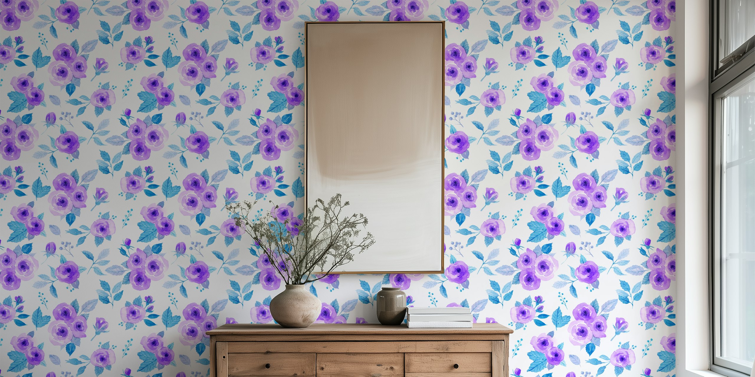 Loose watercolor roses in violet and blue wall mural design