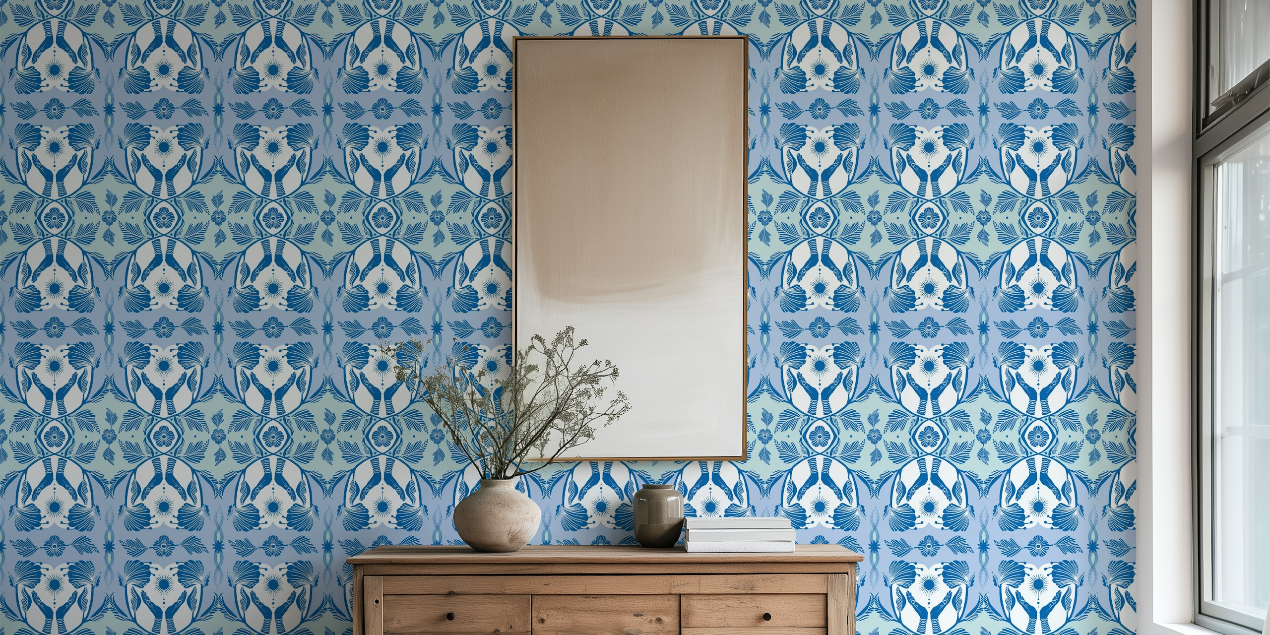 Inviter vægmaleriet Sunlight Blue Pattern med blomster- og geometriske designs i blå toner