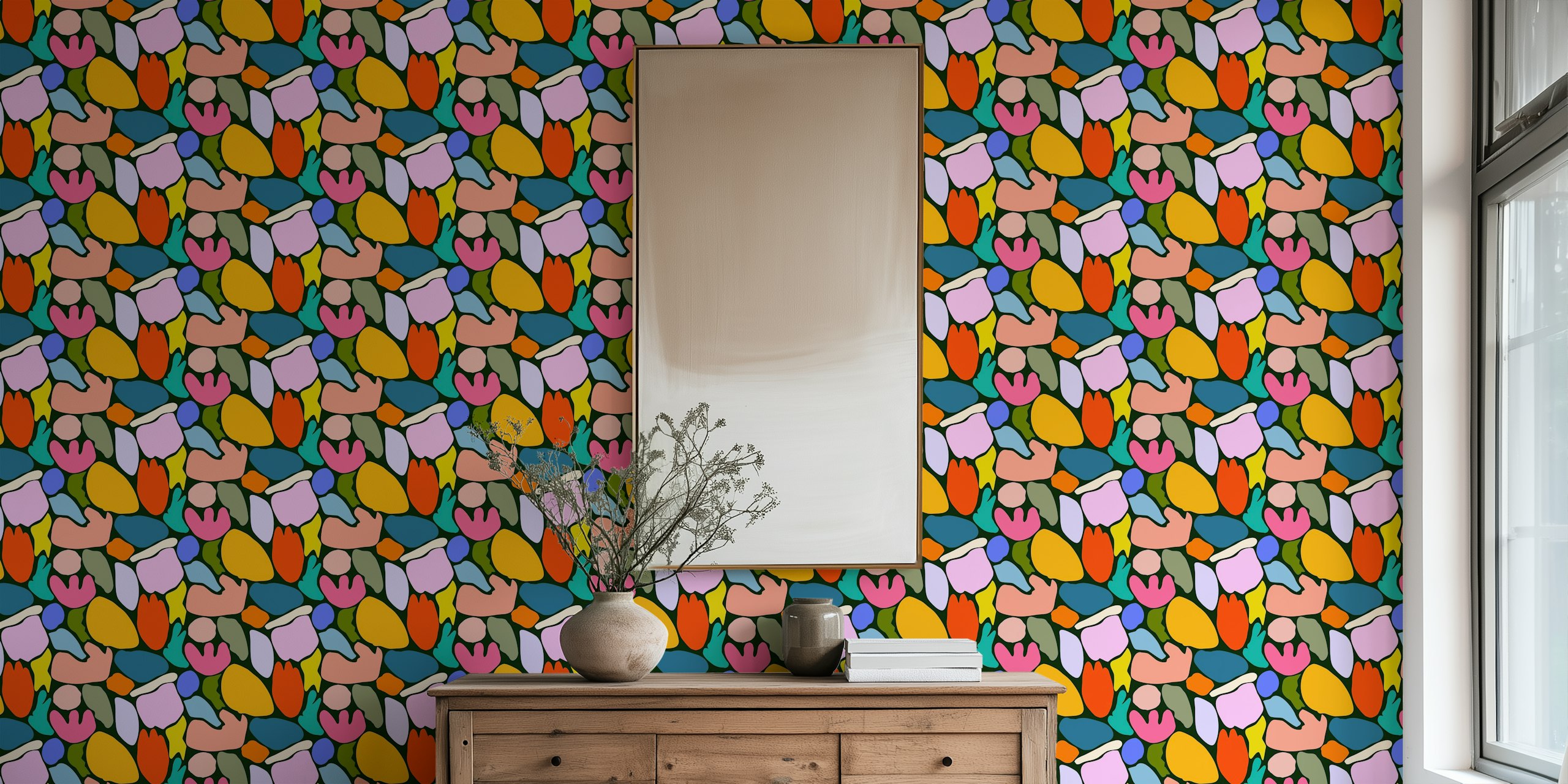 Abstract floral wall mural on a black background with colorful shapes