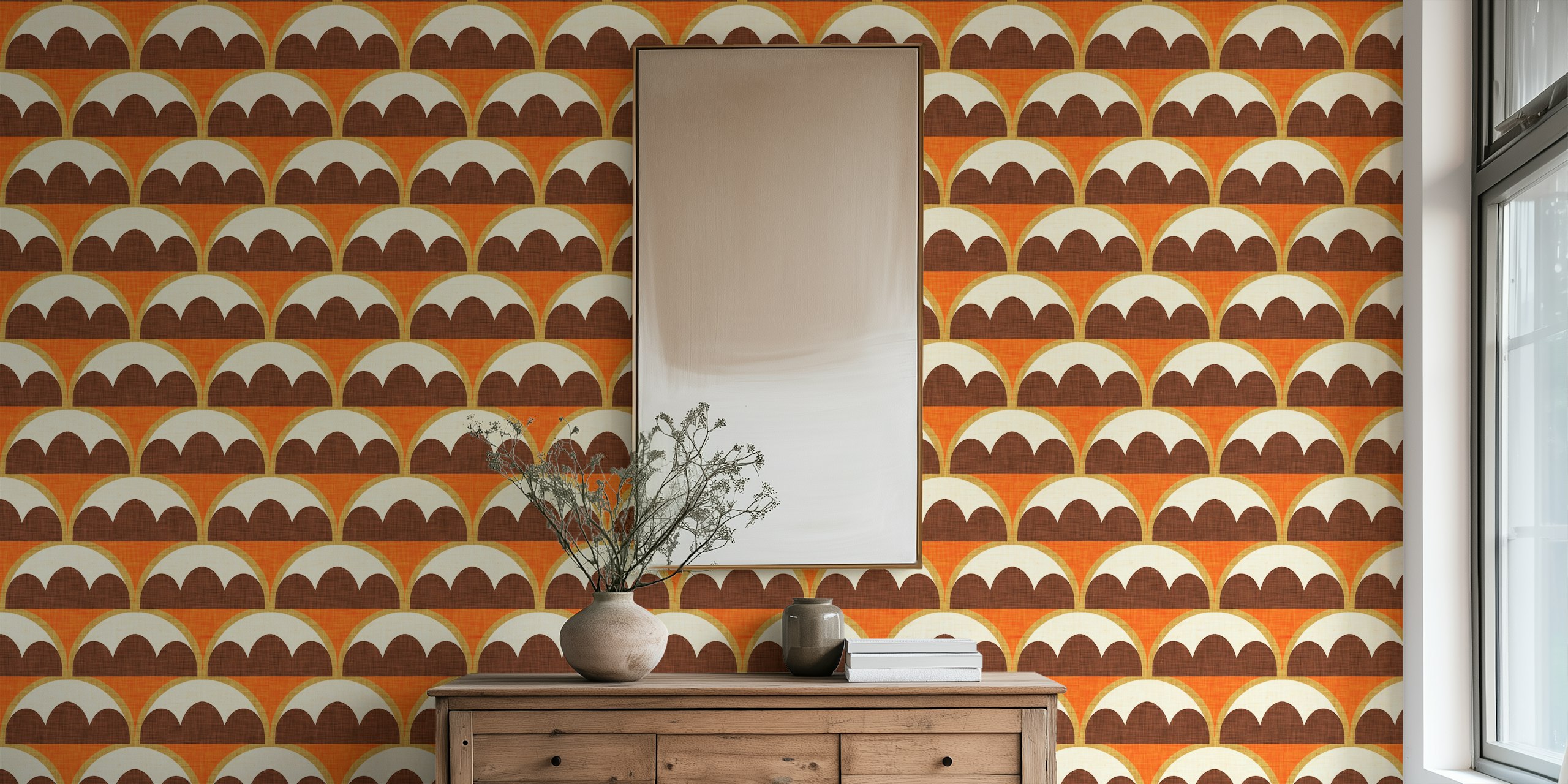 Geometric orange and brown pattern wallpaper, mid century style