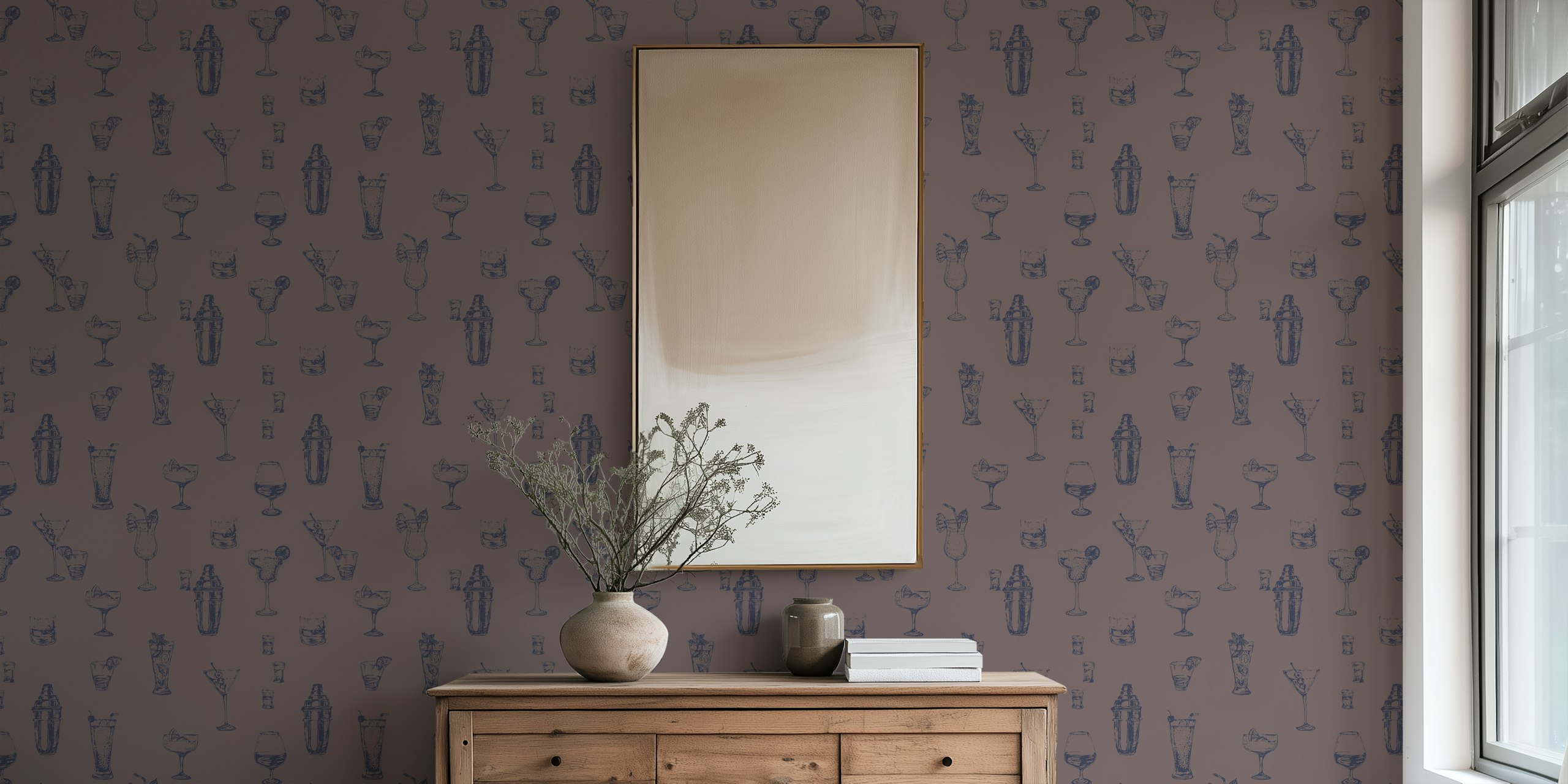 Vintage cocktail glass patterns in deep purple and navy wallpaper
