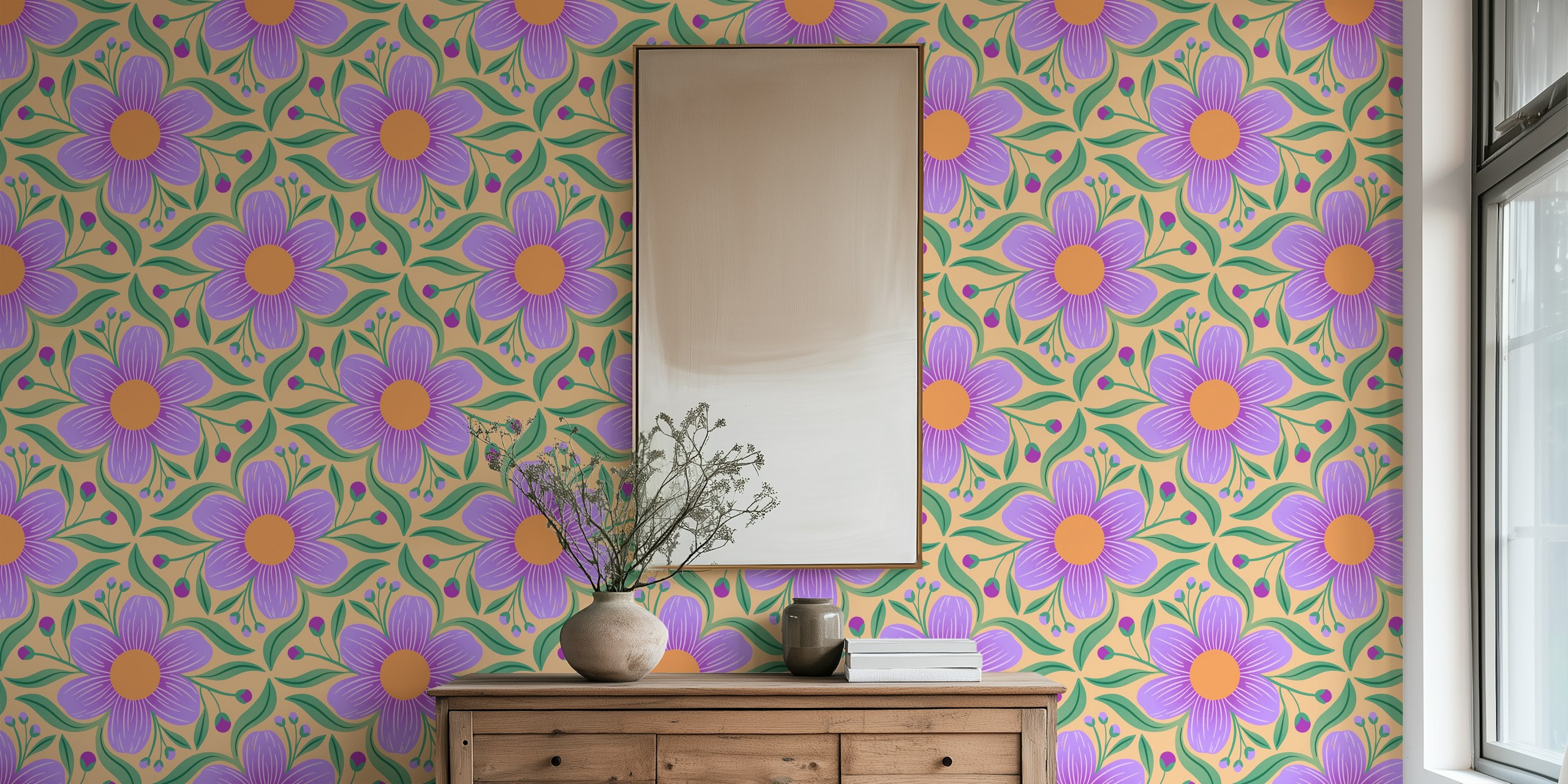 Vibrant purple flowers with green leaves on orange background wallpaper