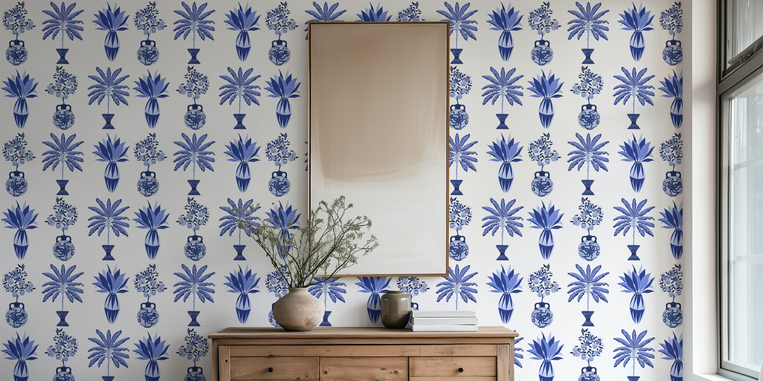 Fotomural vinílico de parede de vasos mediterrâneos azuis e brancos com desenhos botânicos