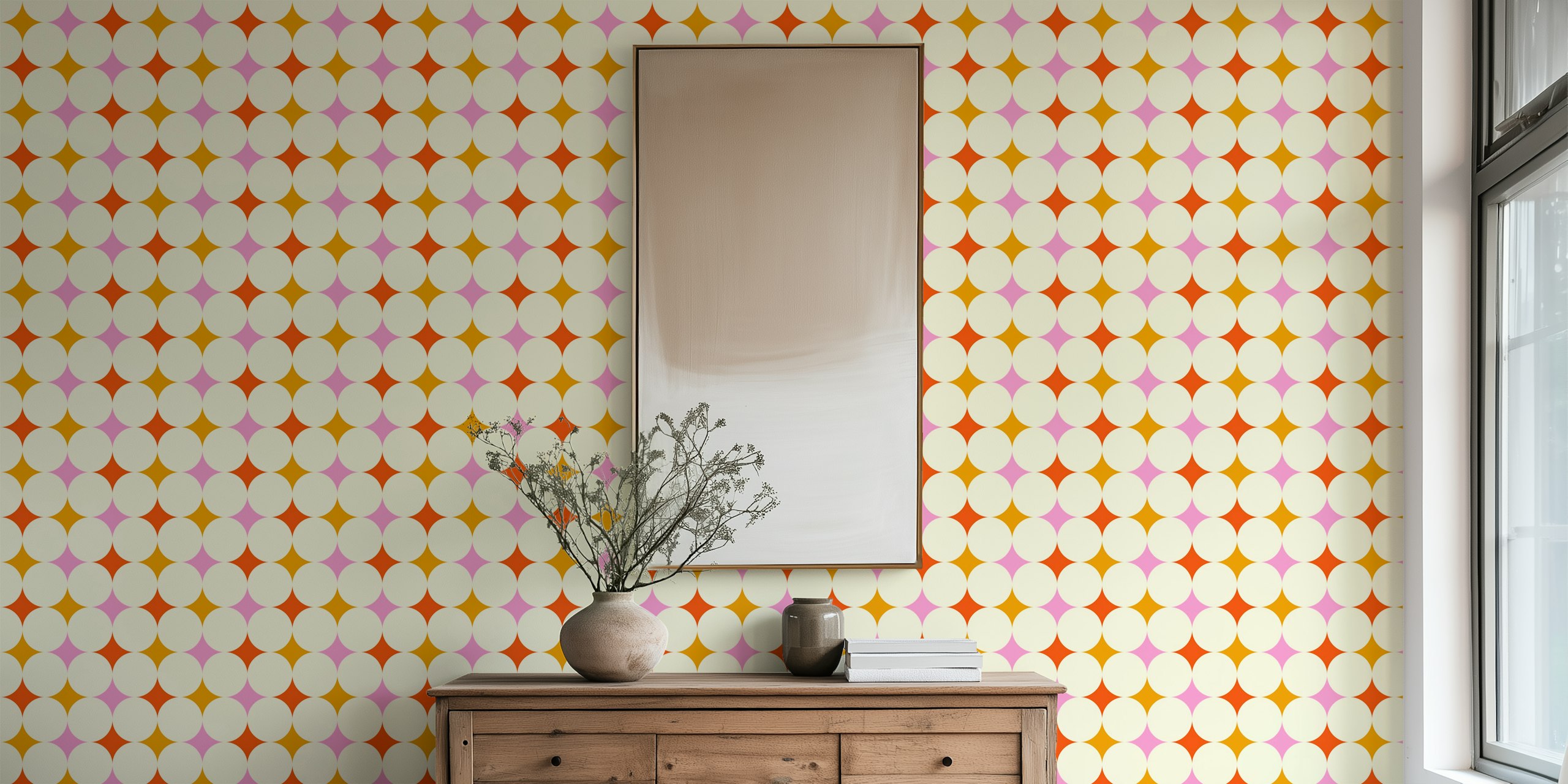 Colorful retro diamond pattern in pink, orange on cream wallpaper