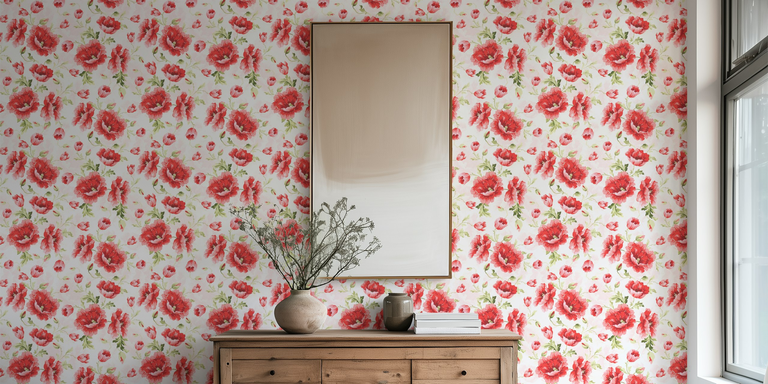 Lush poppy and rose flowers wallpaper in a room