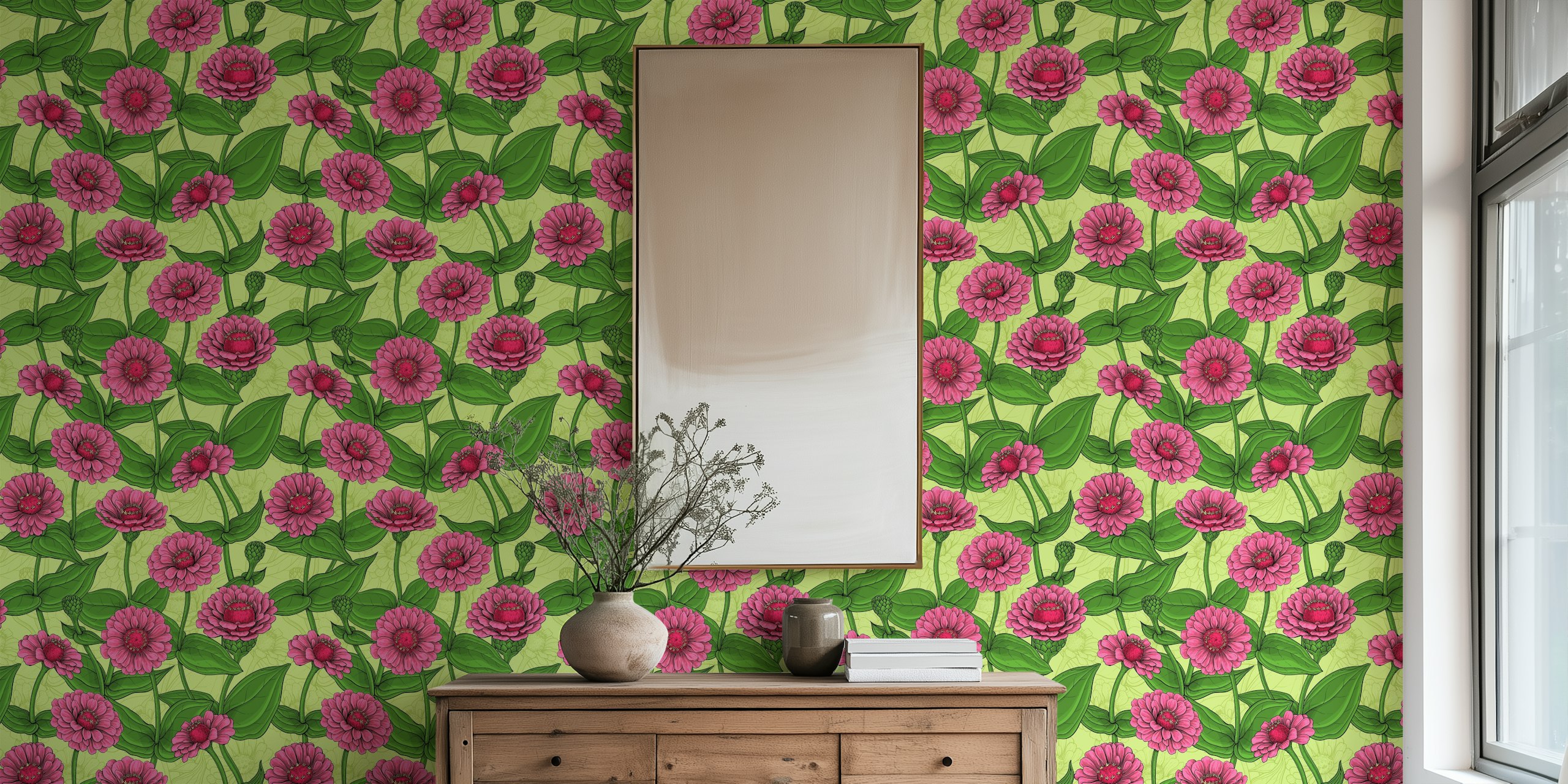 Pink zinnias with green leaves pattern on a light green background wall mural