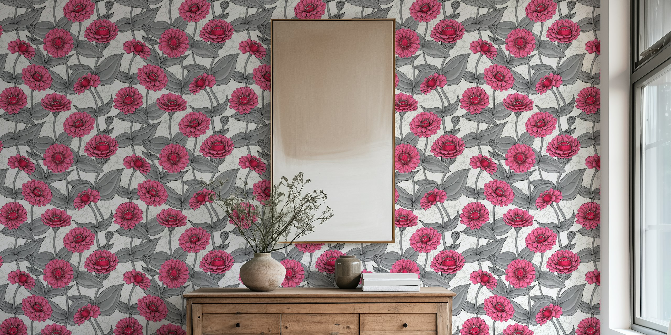 Pink zinnias with gray leaves on a white background wallpaper