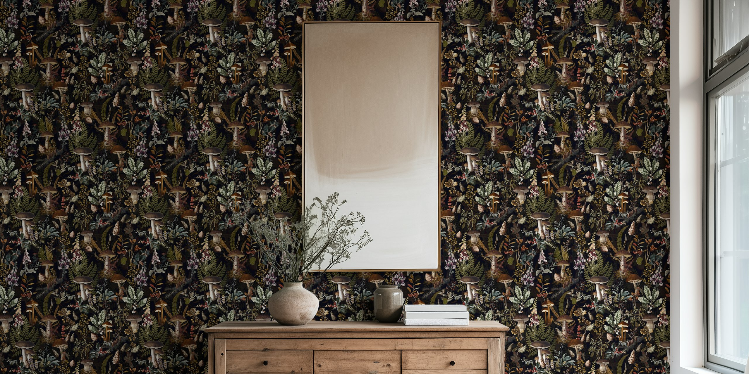 Mélange de champignons et de plantes aux couleurs sombre et chaleureuse, papier peint